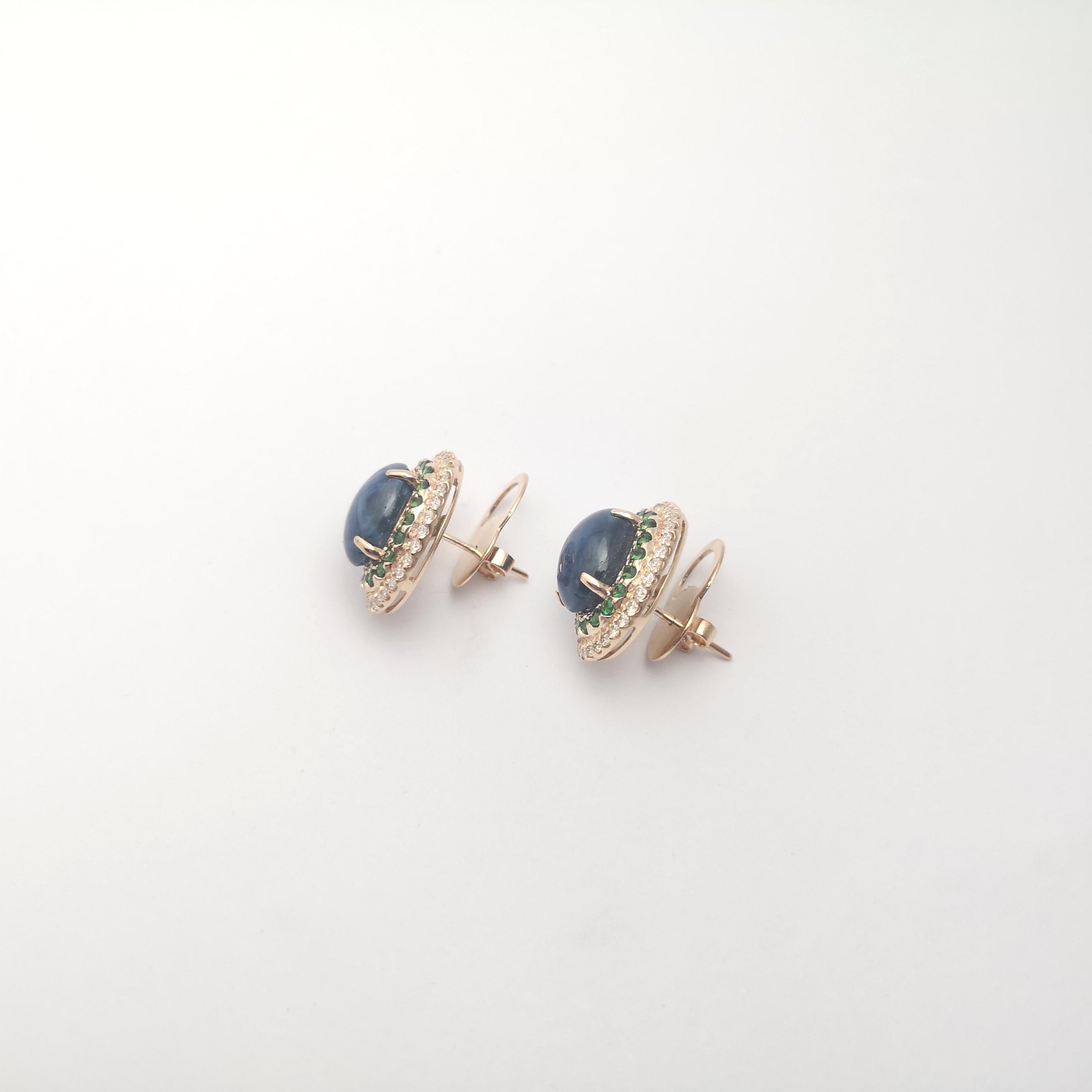 Blue Star Sapphire, Tsavorite and Brown Diamond Earrings set in 18K Rose Gold For Sale 3