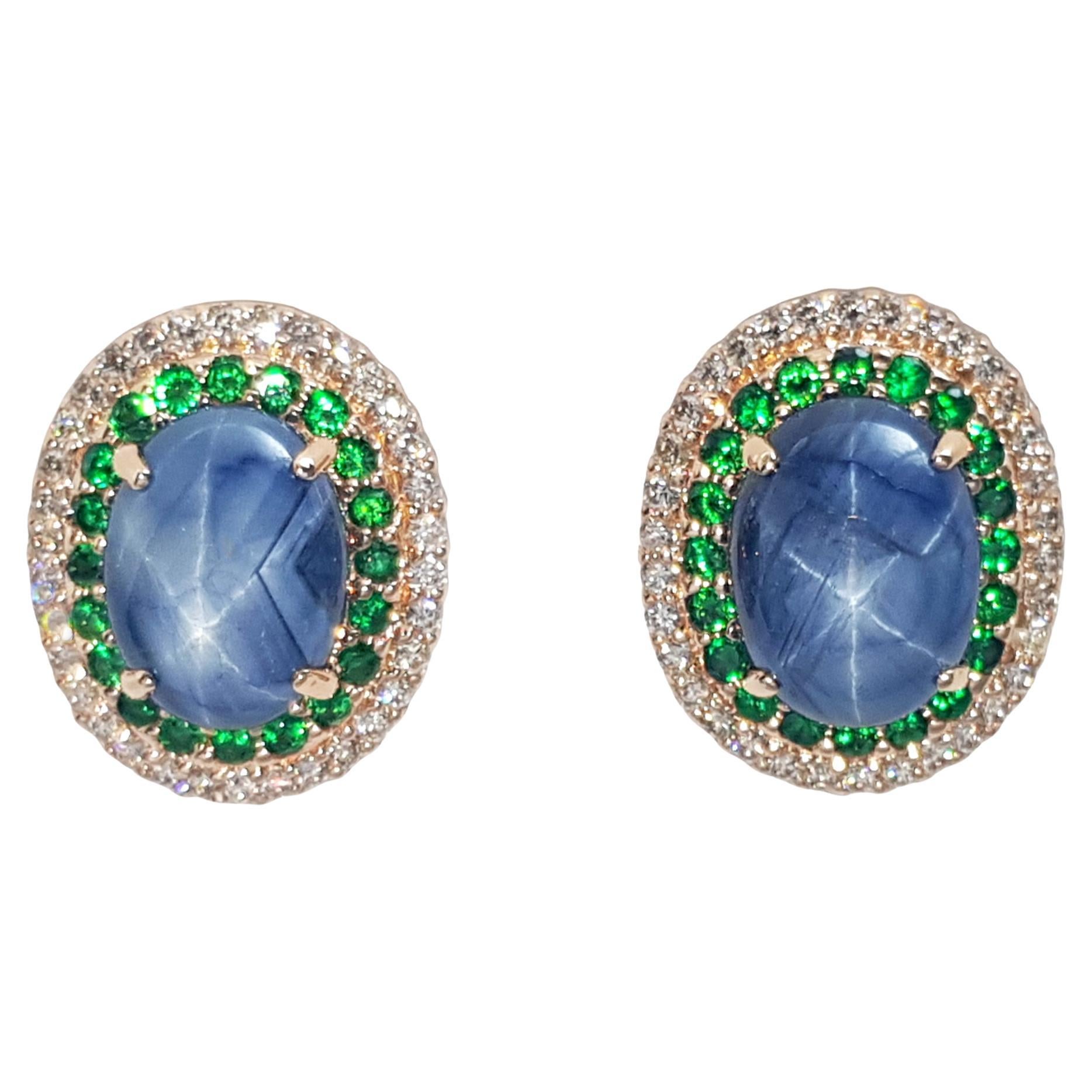 Blue Star Sapphire, Tsavorite and Brown Diamond Earrings set in 18K Rose Gold For Sale
