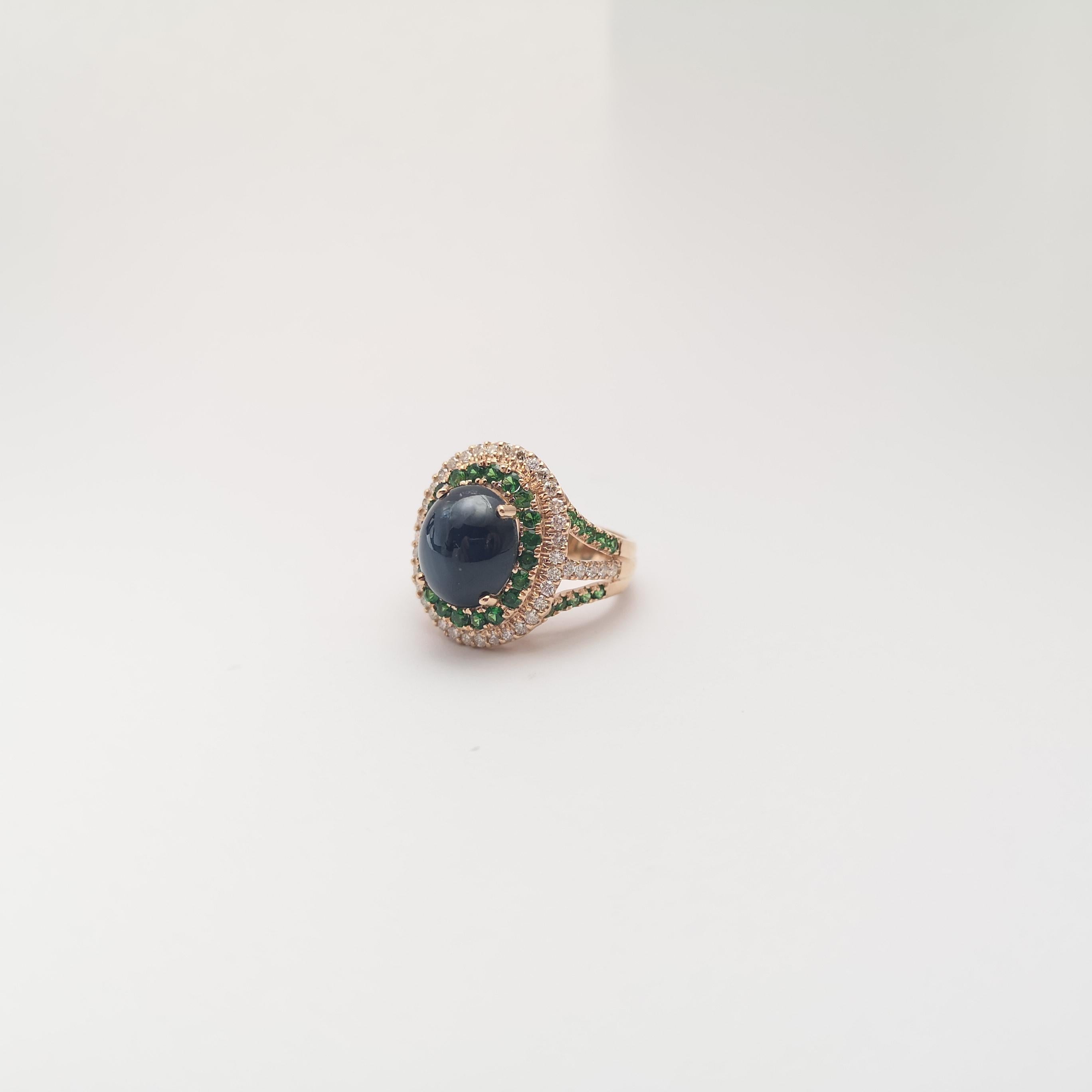Blue Star Sapphire, Tsavorite and Brown Diamond Ring set in 18K Rose Gold For Sale 5