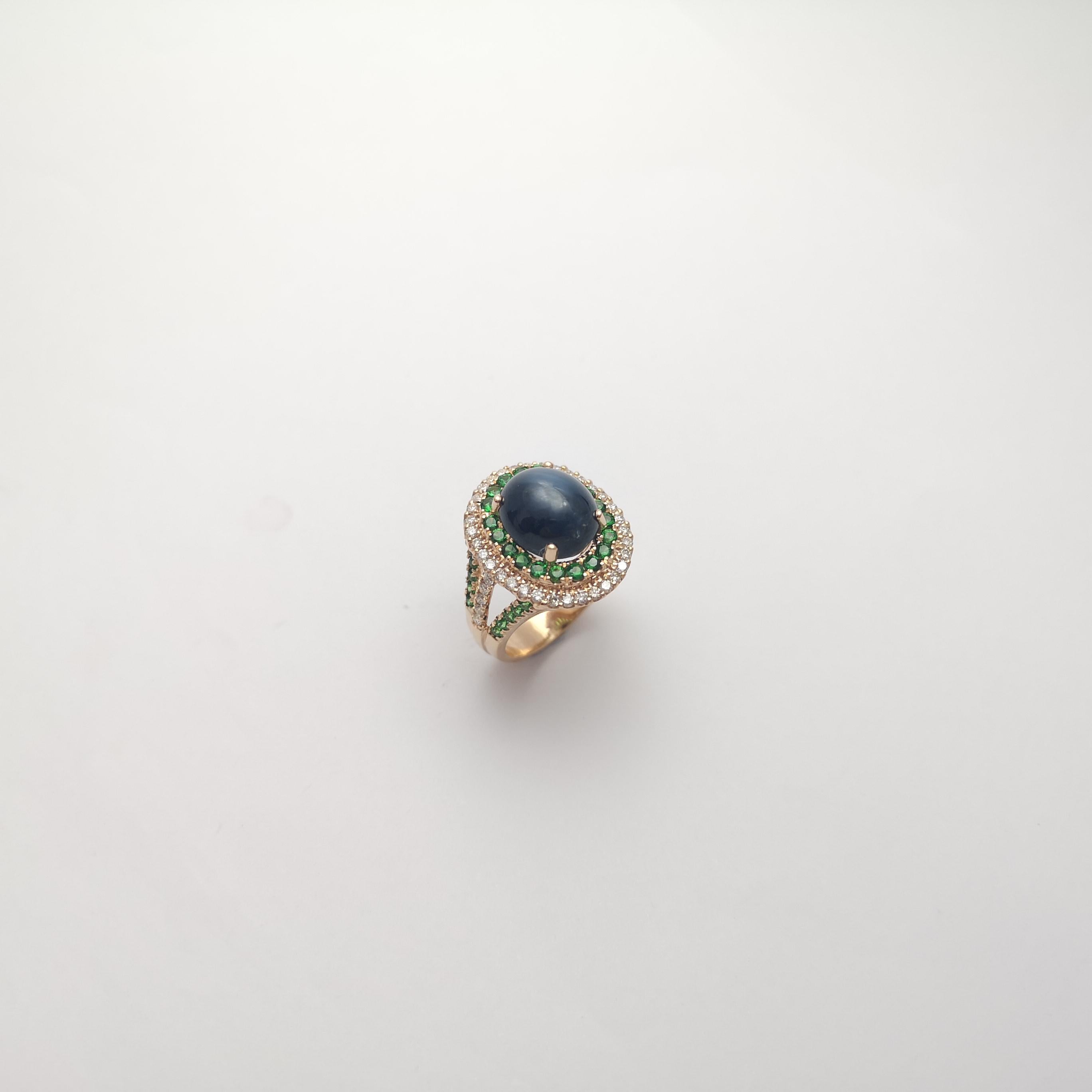 Blue Star Sapphire, Tsavorite and Brown Diamond Ring set in 18K Rose Gold For Sale 6