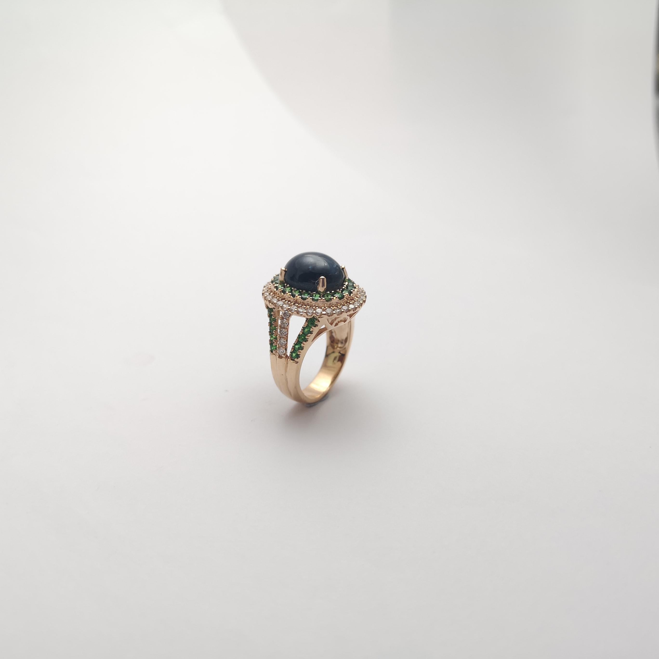 Blue Star Sapphire, Tsavorite and Brown Diamond Ring set in 18K Rose Gold For Sale 7