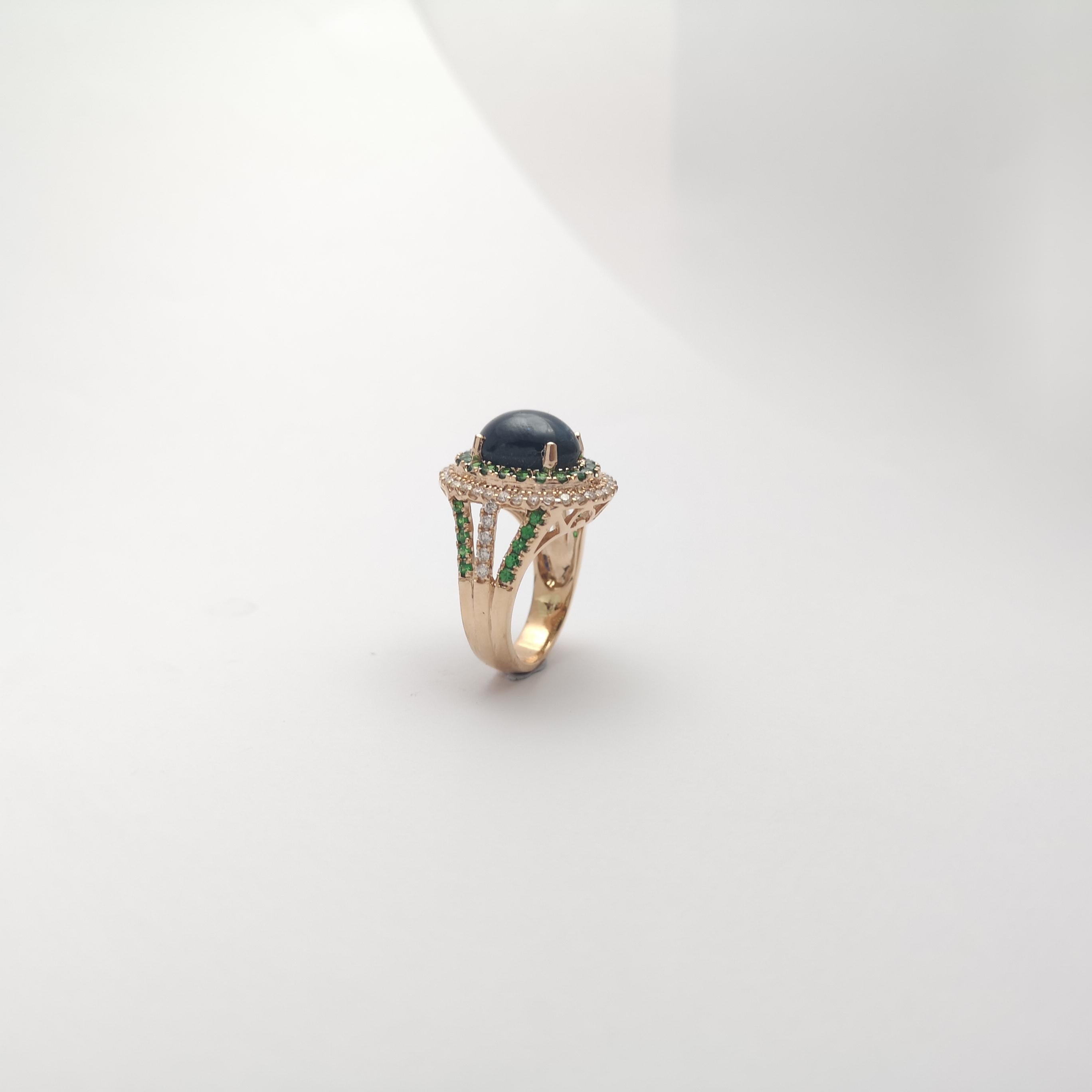 Blue Star Sapphire, Tsavorite and Brown Diamond Ring set in 18K Rose Gold For Sale 8