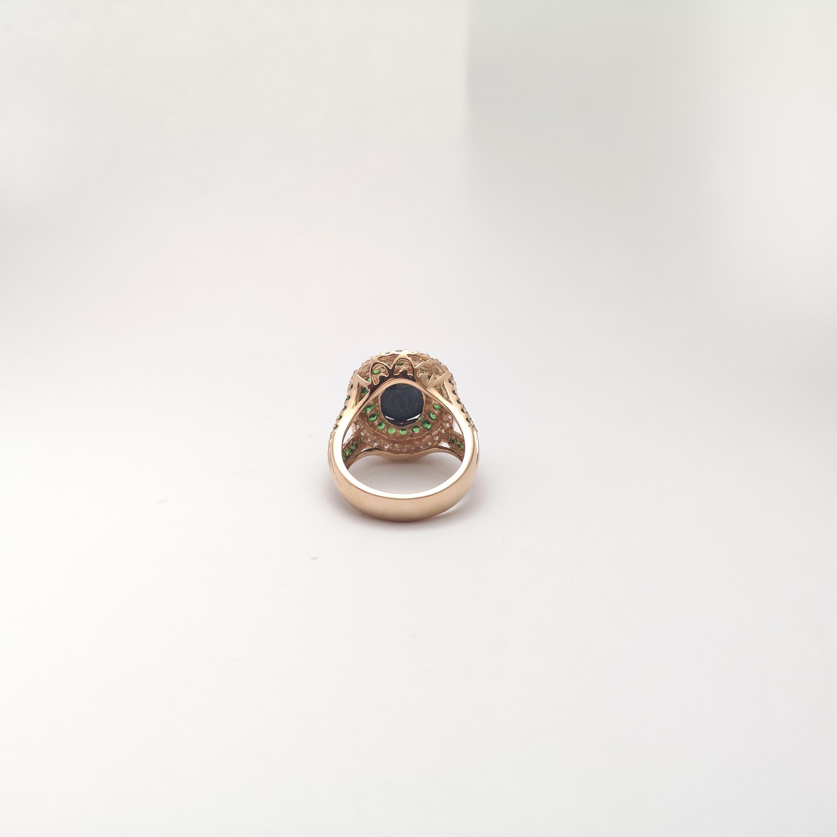 Blue Star Sapphire, Tsavorite and Brown Diamond Ring set in 18K Rose Gold For Sale 9