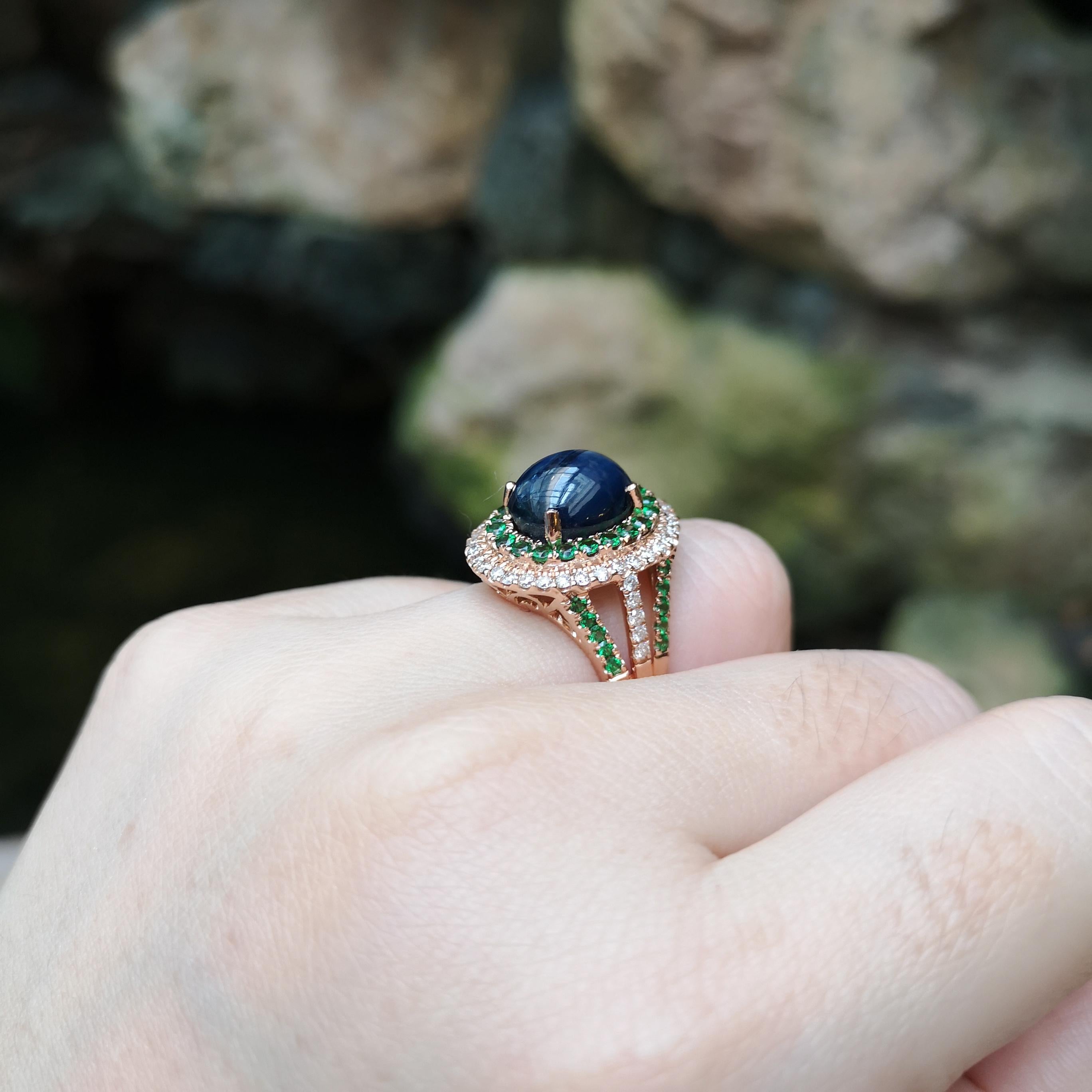 Uncut Blue Star Sapphire, Tsavorite and Brown Diamond Ring set in 18K Rose Gold For Sale