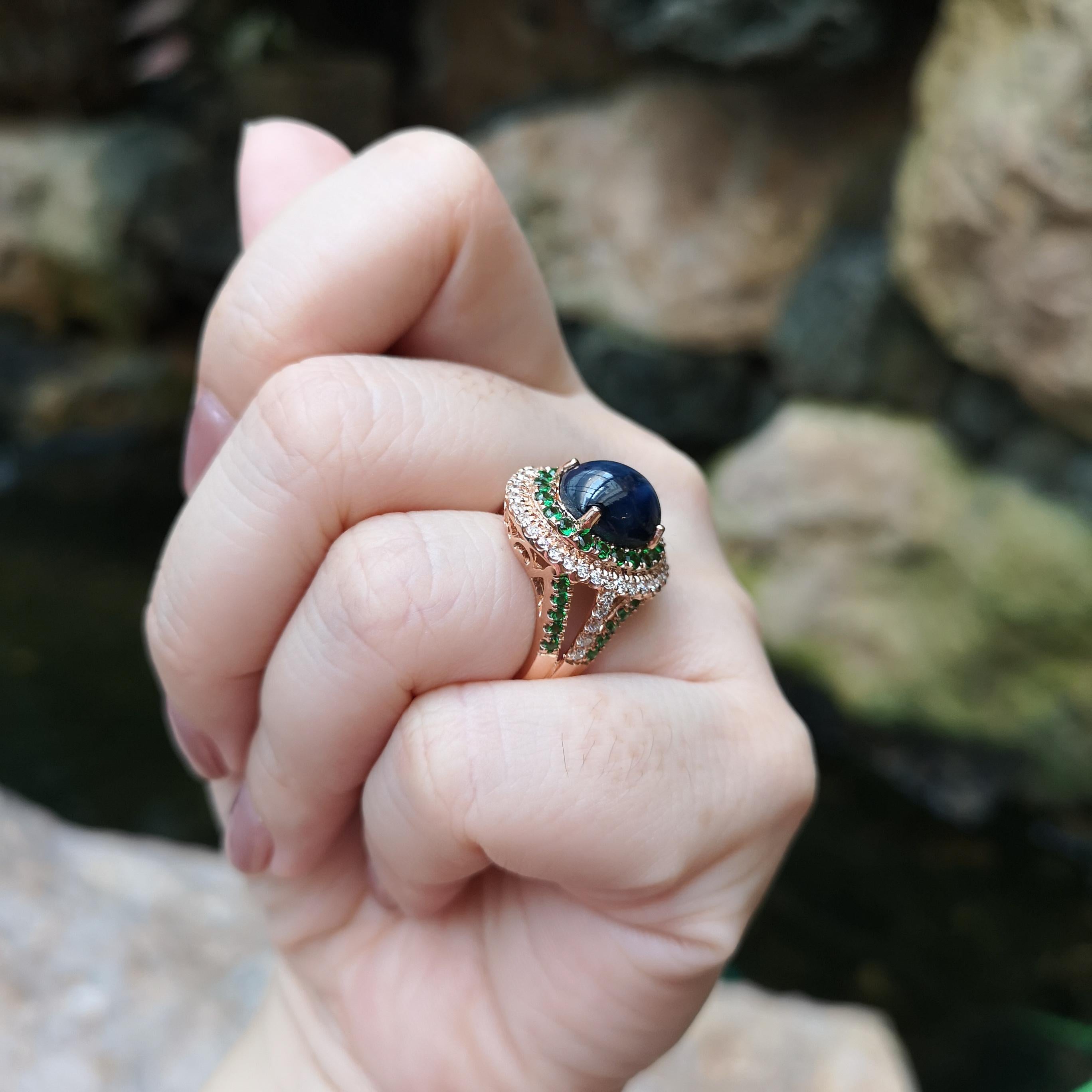 Blue Star Sapphire, Tsavorite and Brown Diamond Ring set in 18K Rose Gold In New Condition For Sale In Bangkok, TH