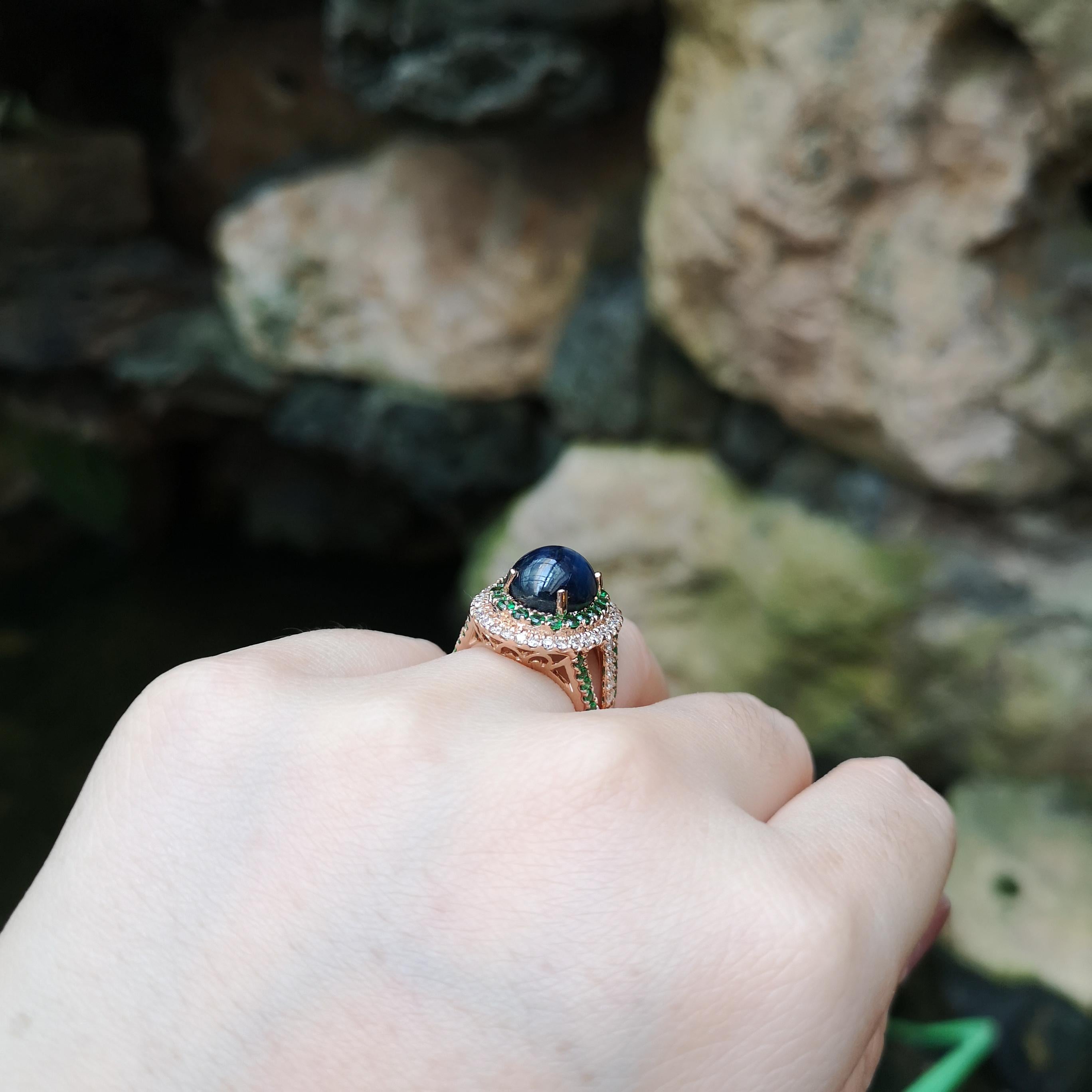 Women's Blue Star Sapphire, Tsavorite and Brown Diamond Ring set in 18K Rose Gold For Sale