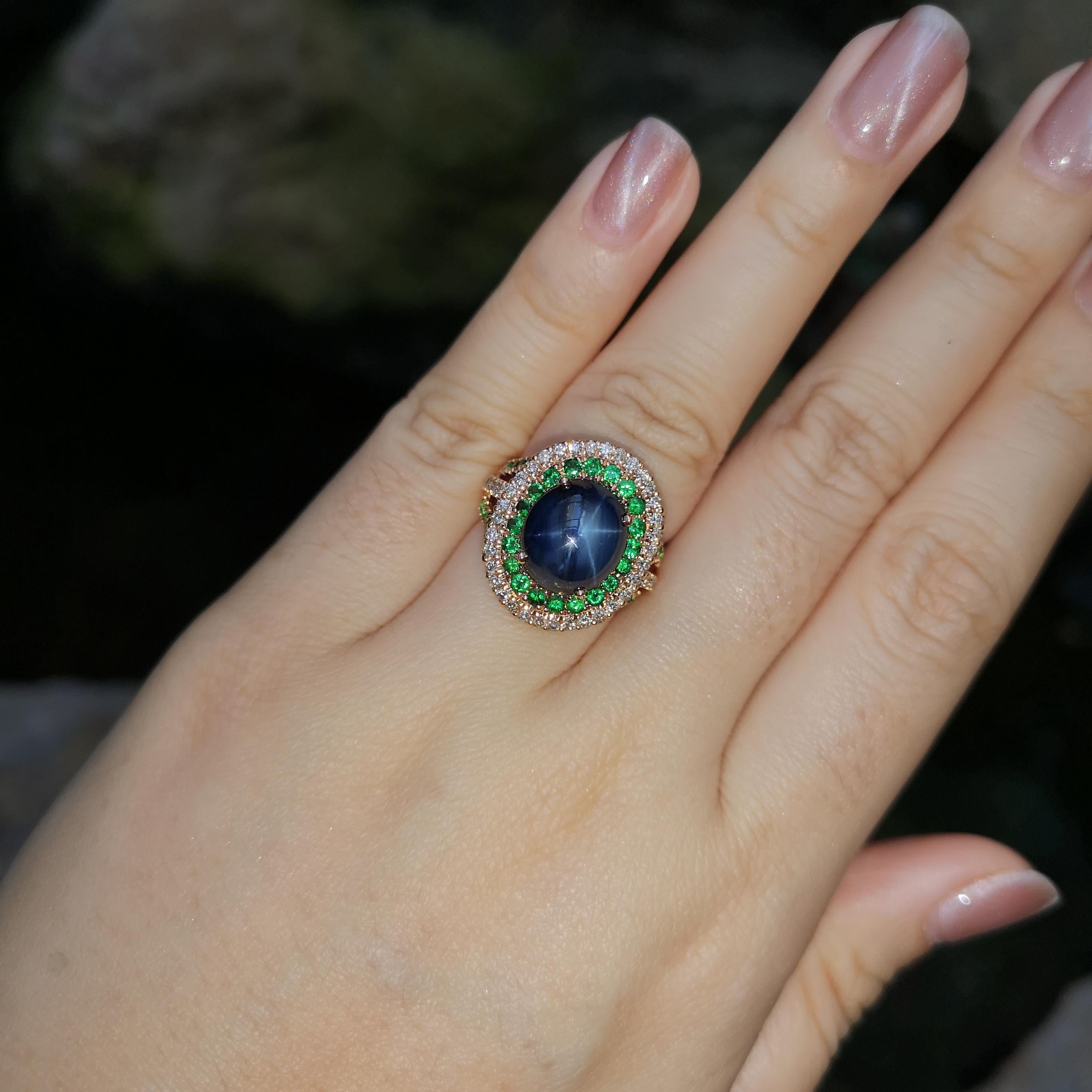 Blue Star Sapphire, Tsavorite and Brown Diamond Ring set in 18K Rose Gold For Sale 1