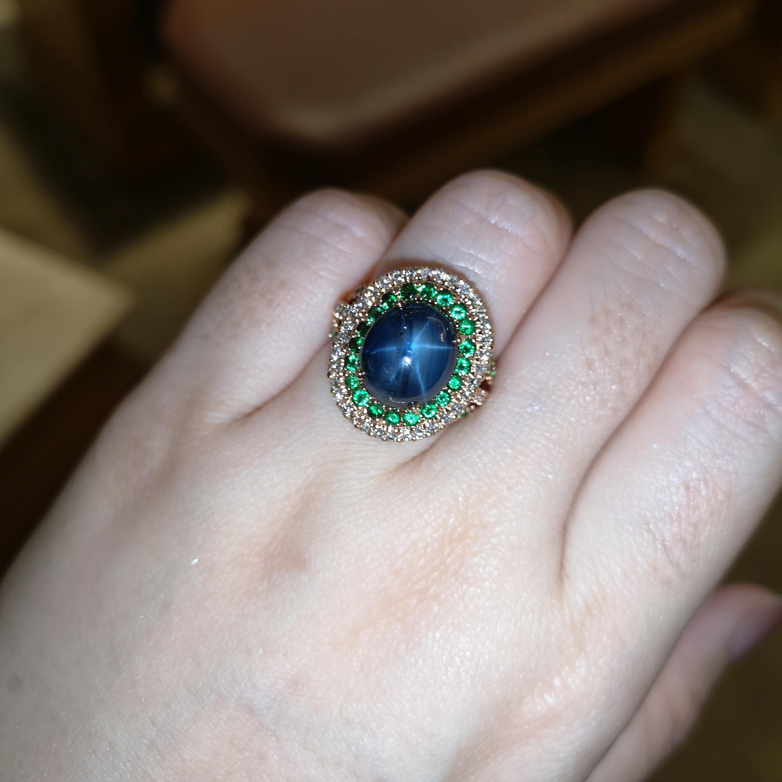 Blue Star Sapphire, Tsavorite and Brown Diamond Ring set in 18K Rose Gold For Sale 2