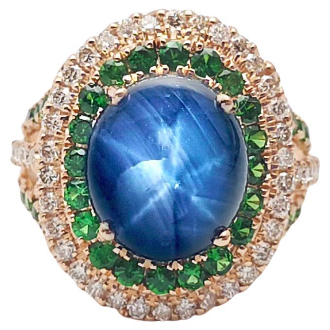 Blue Star Sapphire, Tsavorite and Brown Diamond Ring set in 18K Rose Gold For Sale