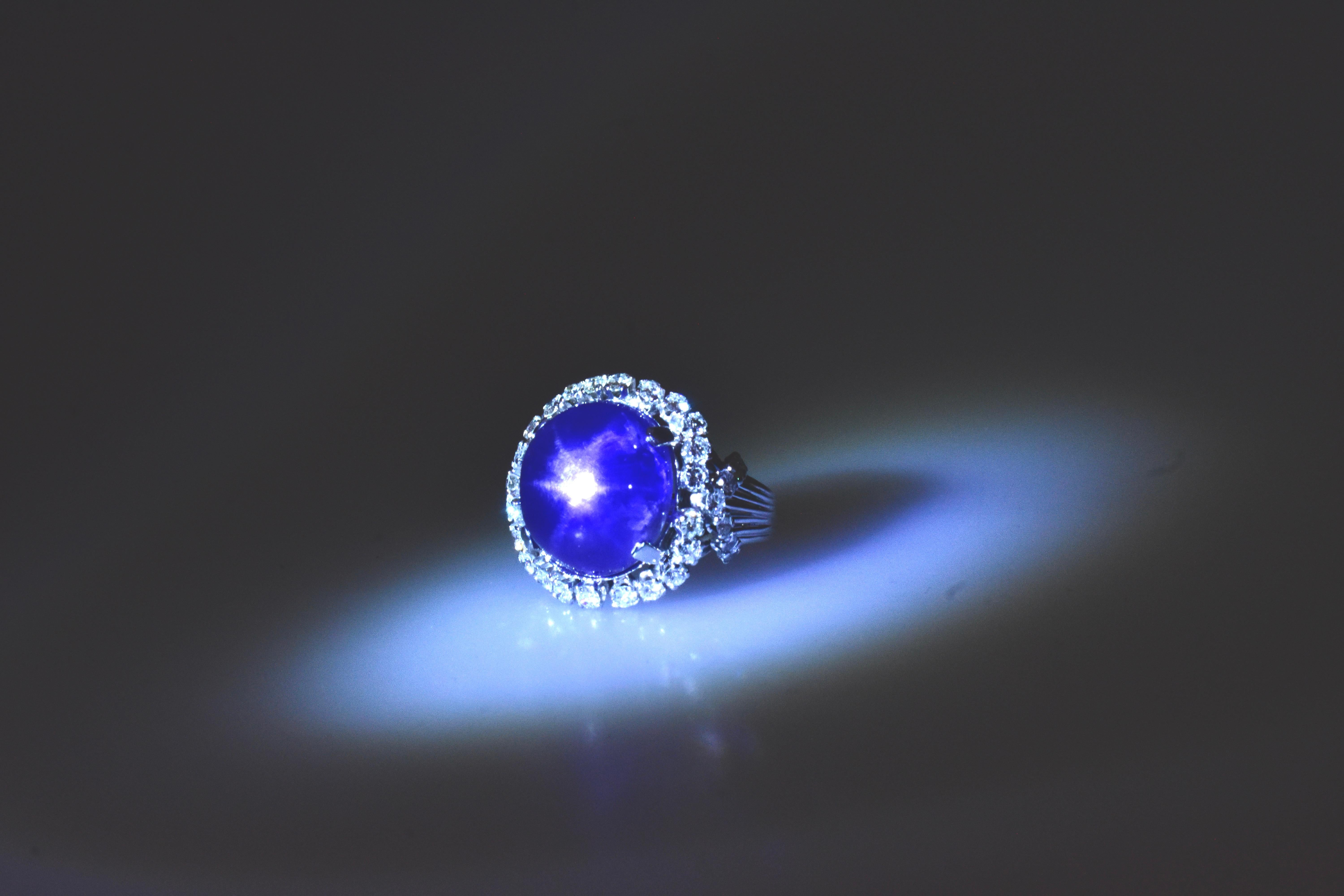 Art Deco Blue Star Sapphire, unheated, weighing 15 cts and Diamond Ring, Circa 1950. For Sale