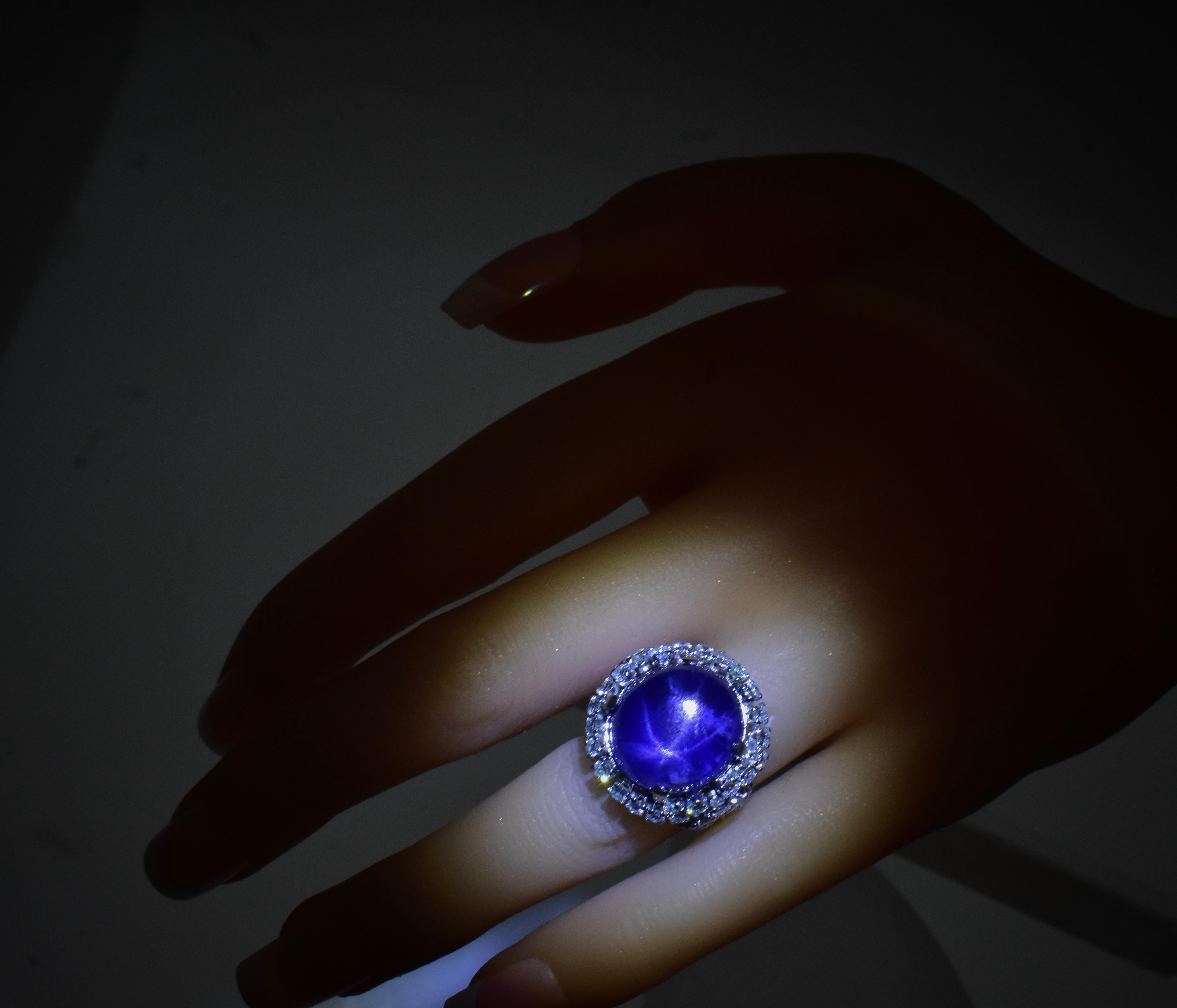 Cabochon Blue Star Sapphire, unheated, weighing 15 cts and Diamond Ring, Circa 1950. For Sale