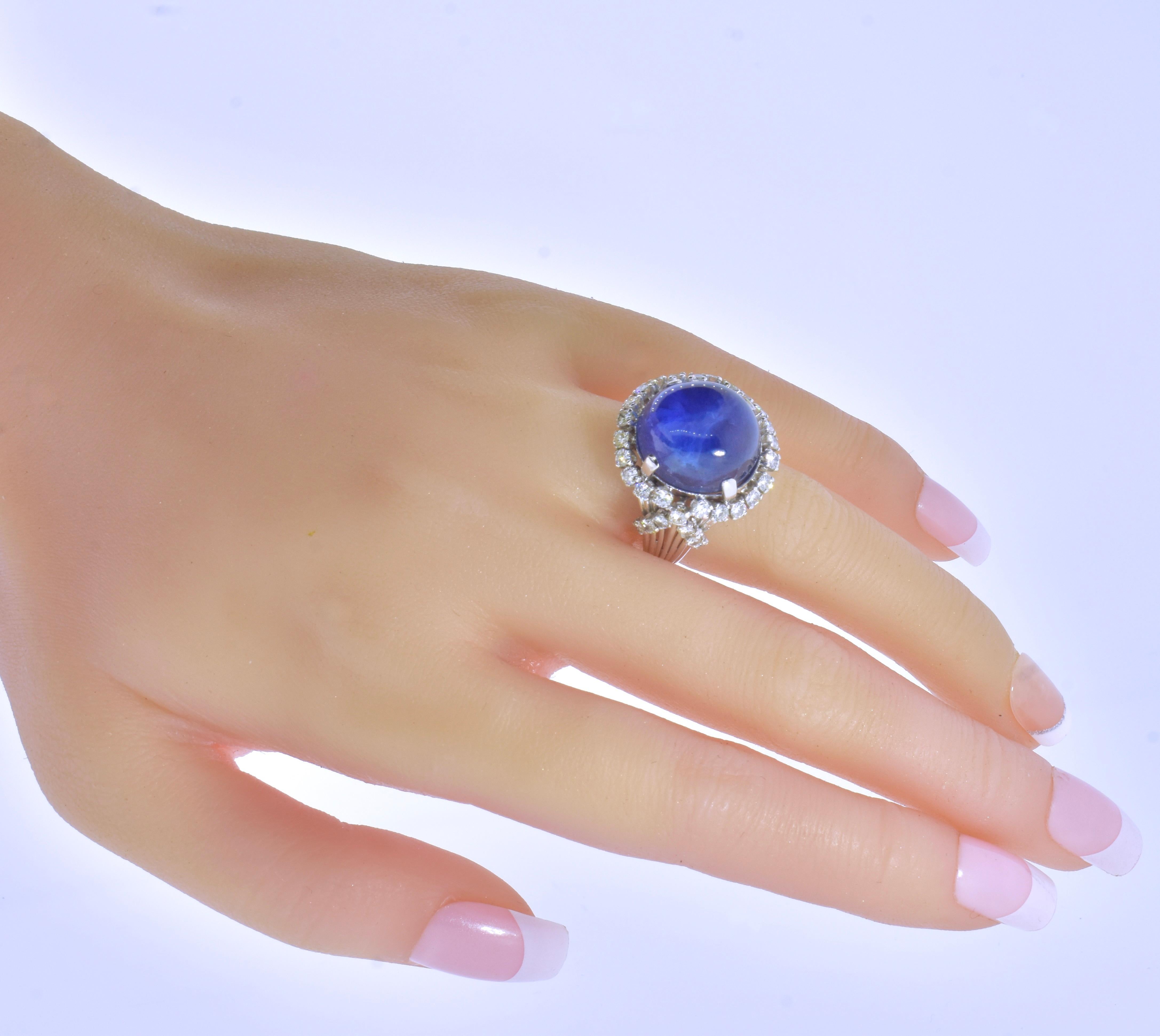 Blue Star Sapphire, unheated, weighing 15 cts and Diamond Ring, Circa 1950. In Excellent Condition For Sale In Aspen, CO