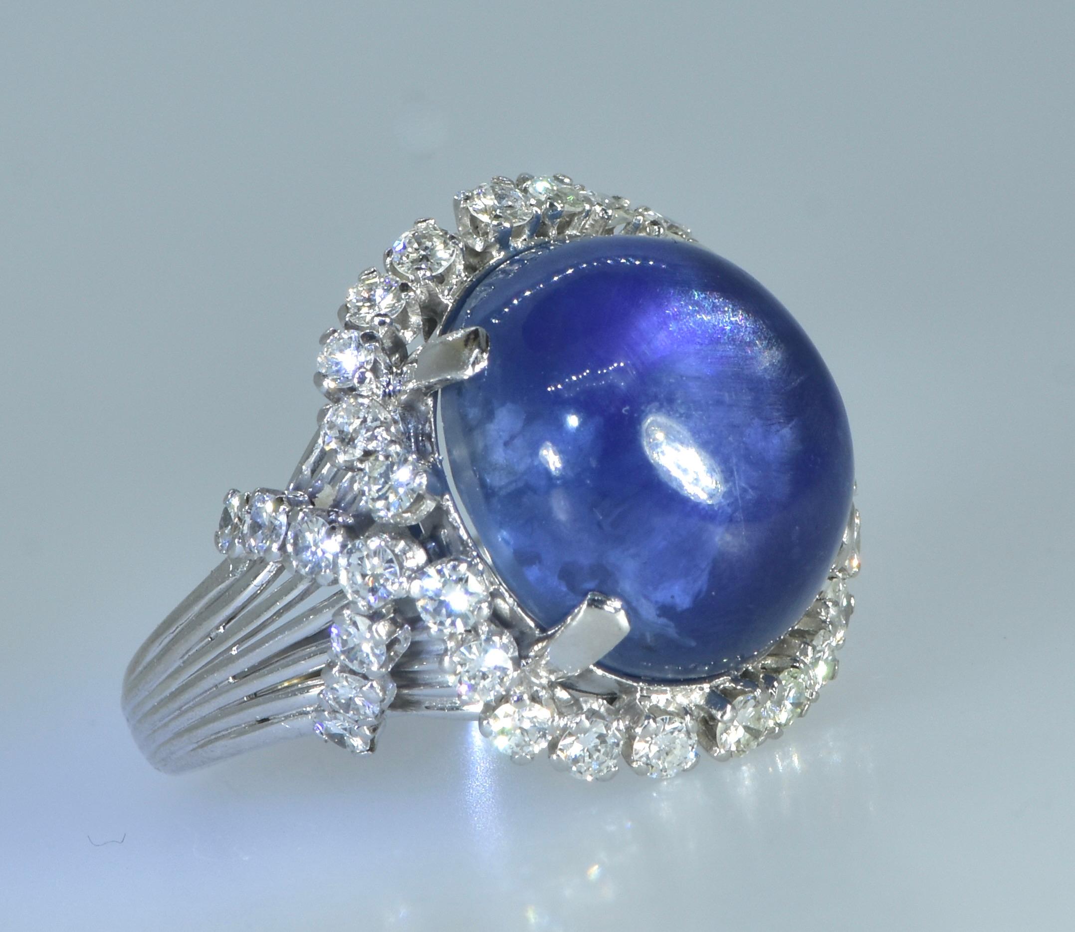 Blue Star Sapphire, unheated, weighing 15 cts and Diamond Ring, Circa 1950. For Sale 1