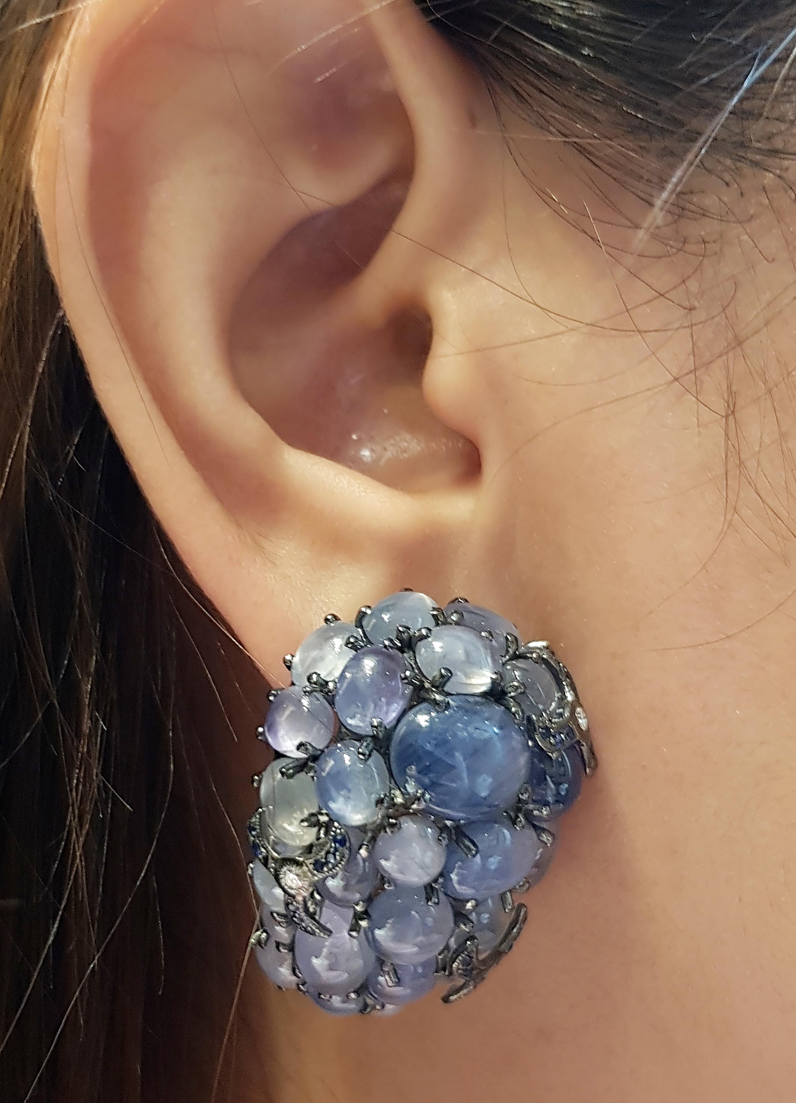 Ohrringe aus 18 Karat Weißgold mit blauem Sternsaphir, blauem Saphir und Diamant (Zeitgenössisch)