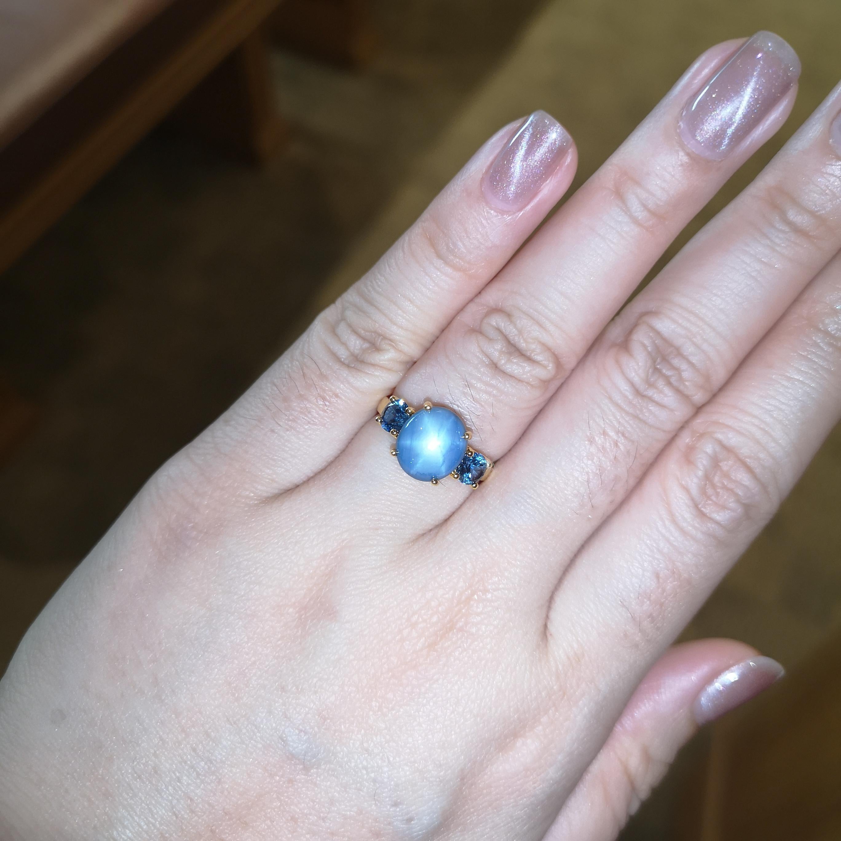 Uncut Blue Star Sapphire with Blue Sapphire Ring set in 18K Gold Settings For Sale