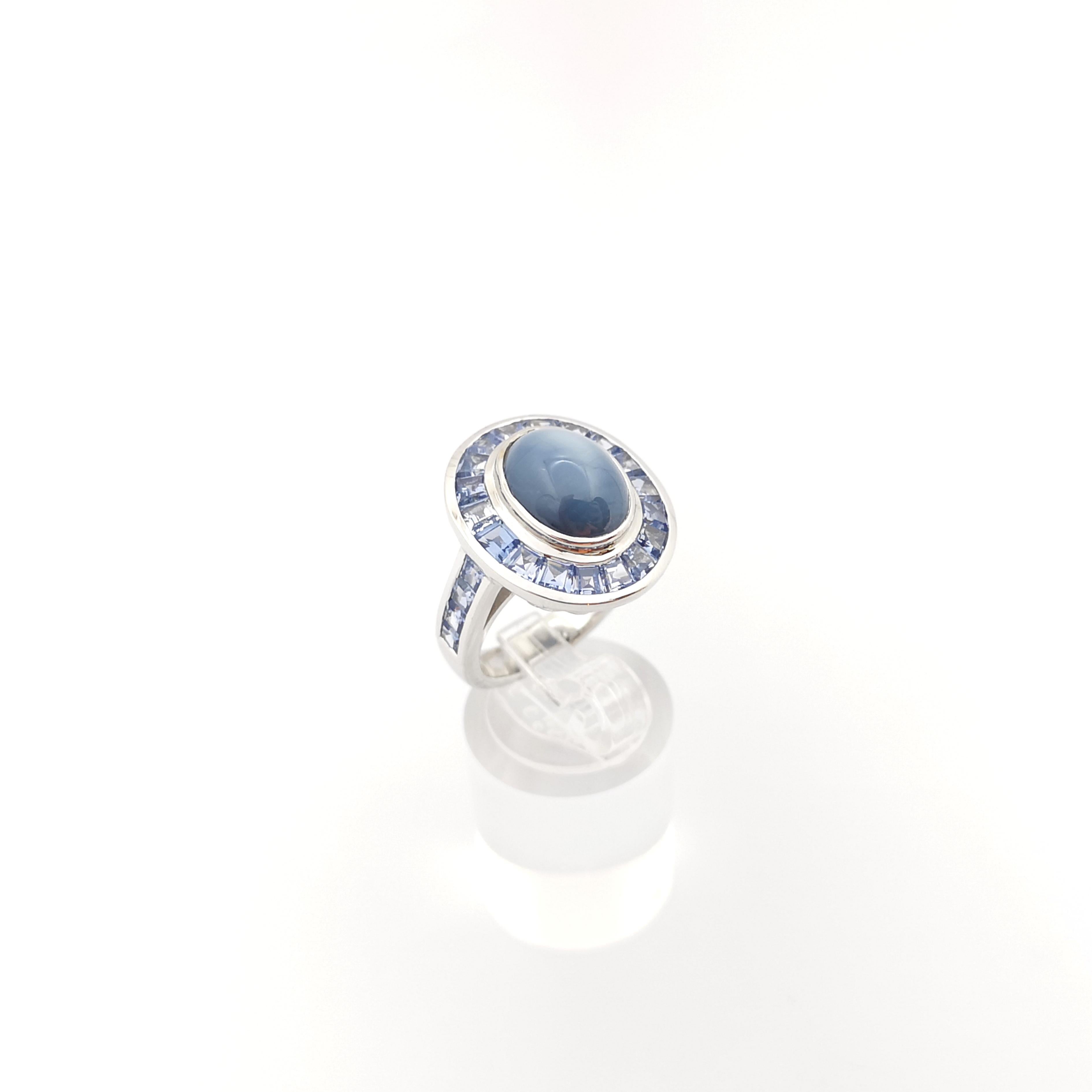 Blue Star Sapphire with Blue Sapphire Ring set in 18K White Gold Settings For Sale 3
