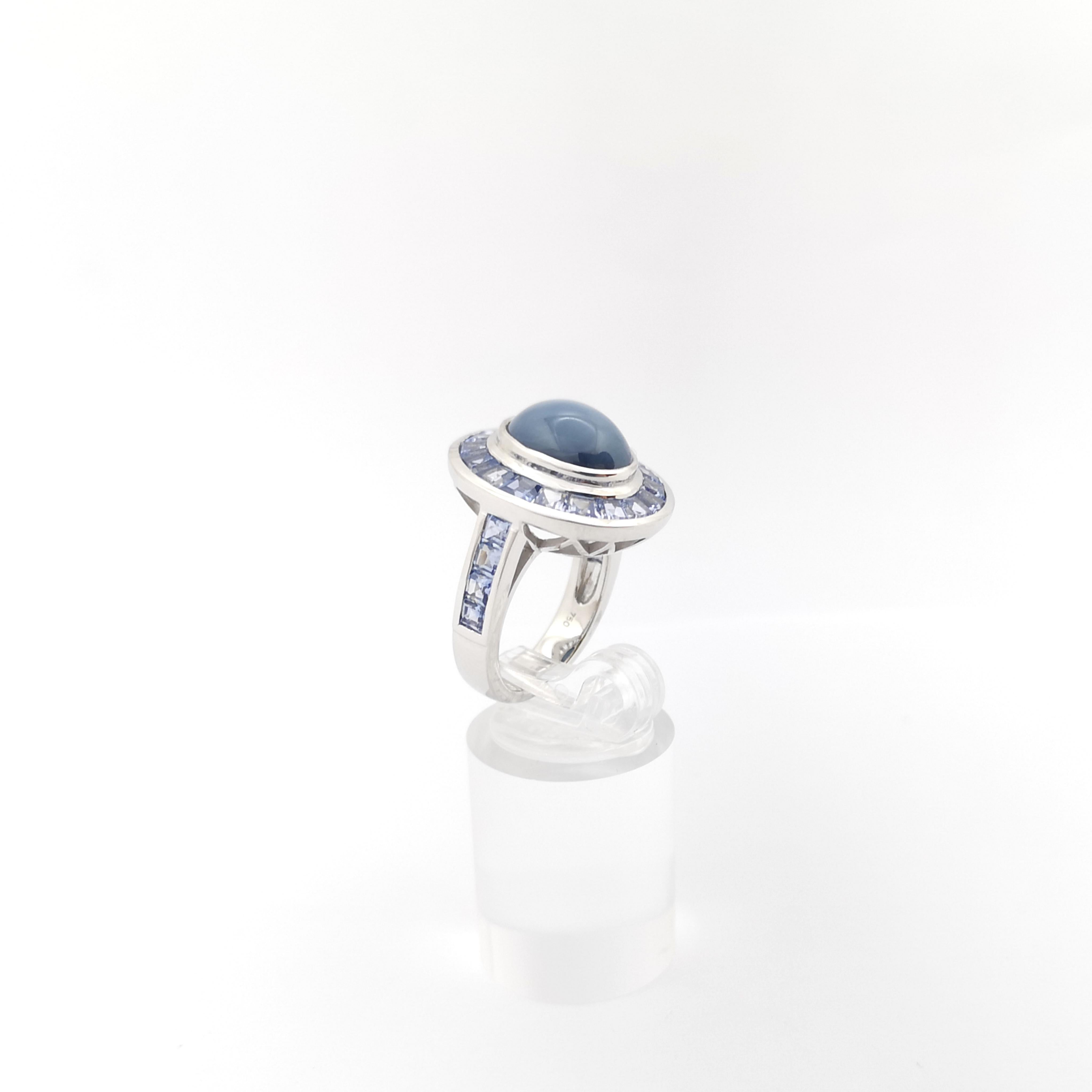 Blue Star Sapphire with Blue Sapphire Ring set in 18K White Gold Settings For Sale 4