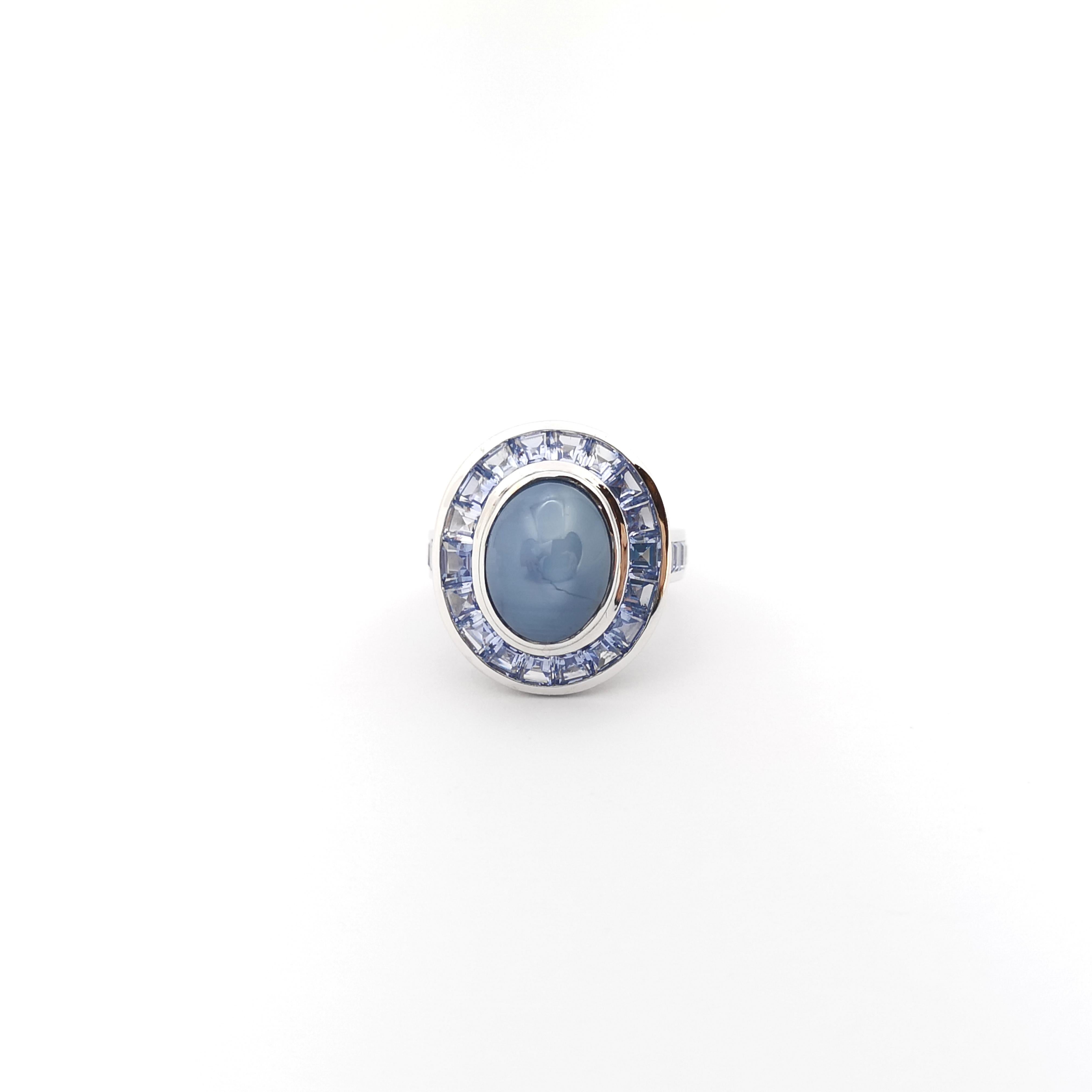 Cabochon Blue Star Sapphire with Blue Sapphire Ring set in 18K White Gold Settings For Sale