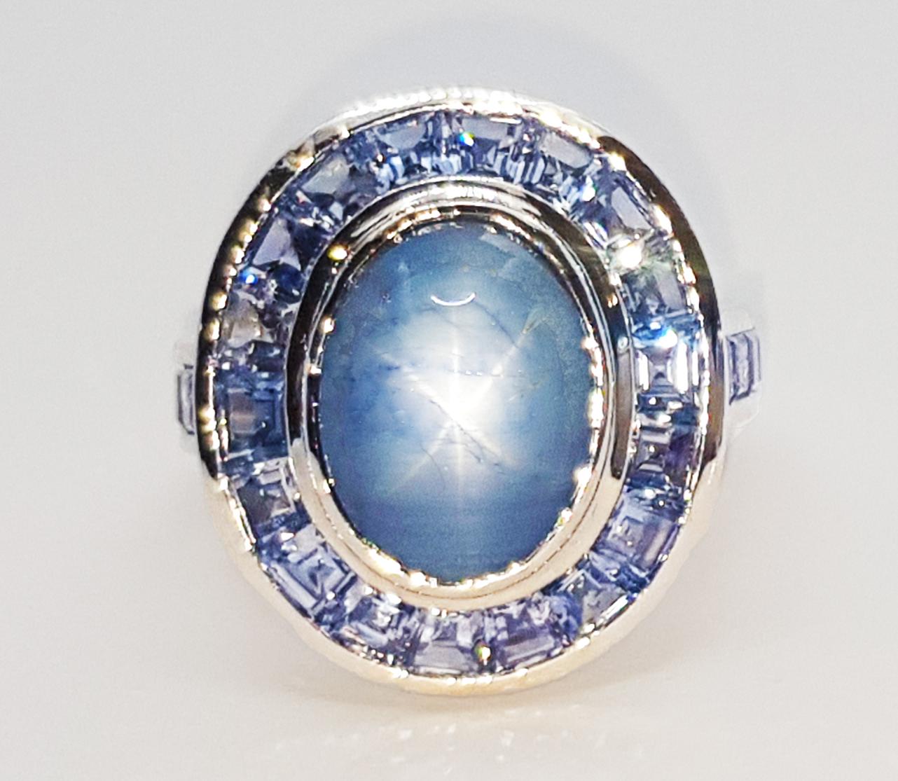 Blue Star Sapphire with Blue Sapphire Ring set in 18K White Gold Settings In New Condition For Sale In Bangkok, TH