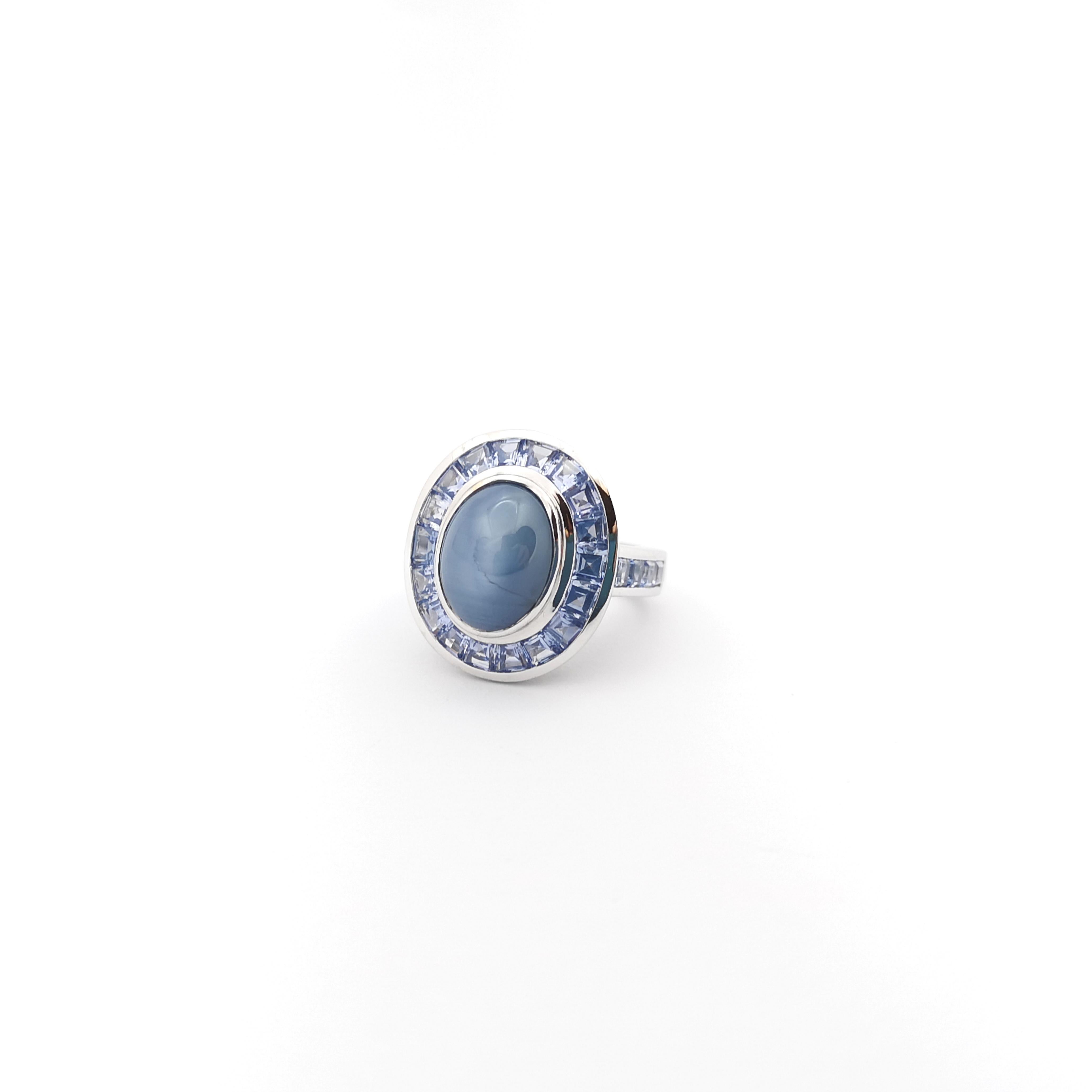 Blue Star Sapphire with Blue Sapphire Ring set in 18K White Gold Settings For Sale 1