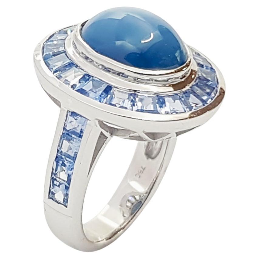 Blue Star Sapphire with Blue Sapphire Ring set in 18K White Gold Settings For Sale