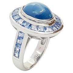 Blue Star Sapphire with Blue Sapphire Ring set in 18K White Gold Settings