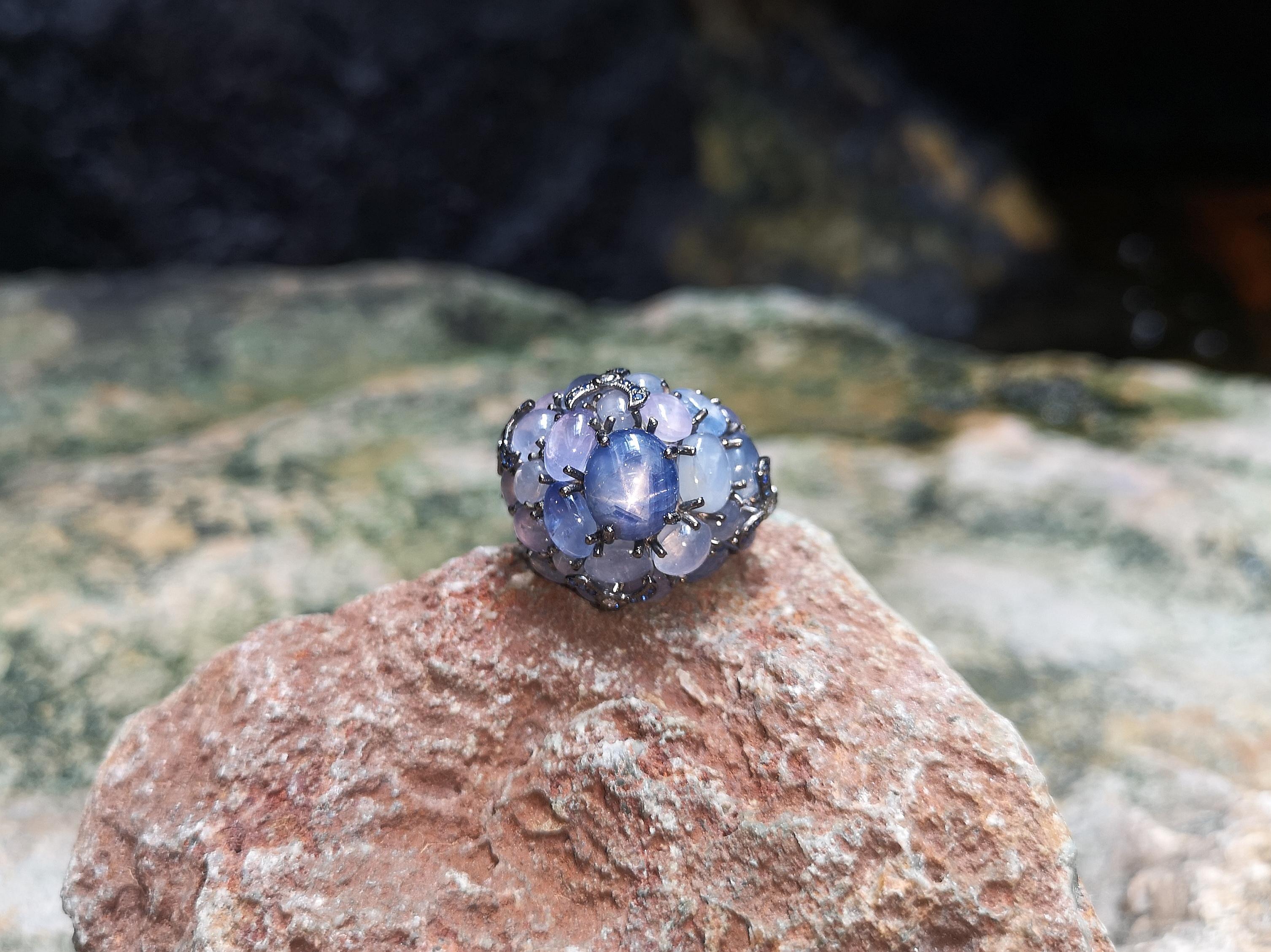 Blue Star Sapphire with Blue Sapphire with Diamond Ring in 18 Karat White Gold For Sale 4