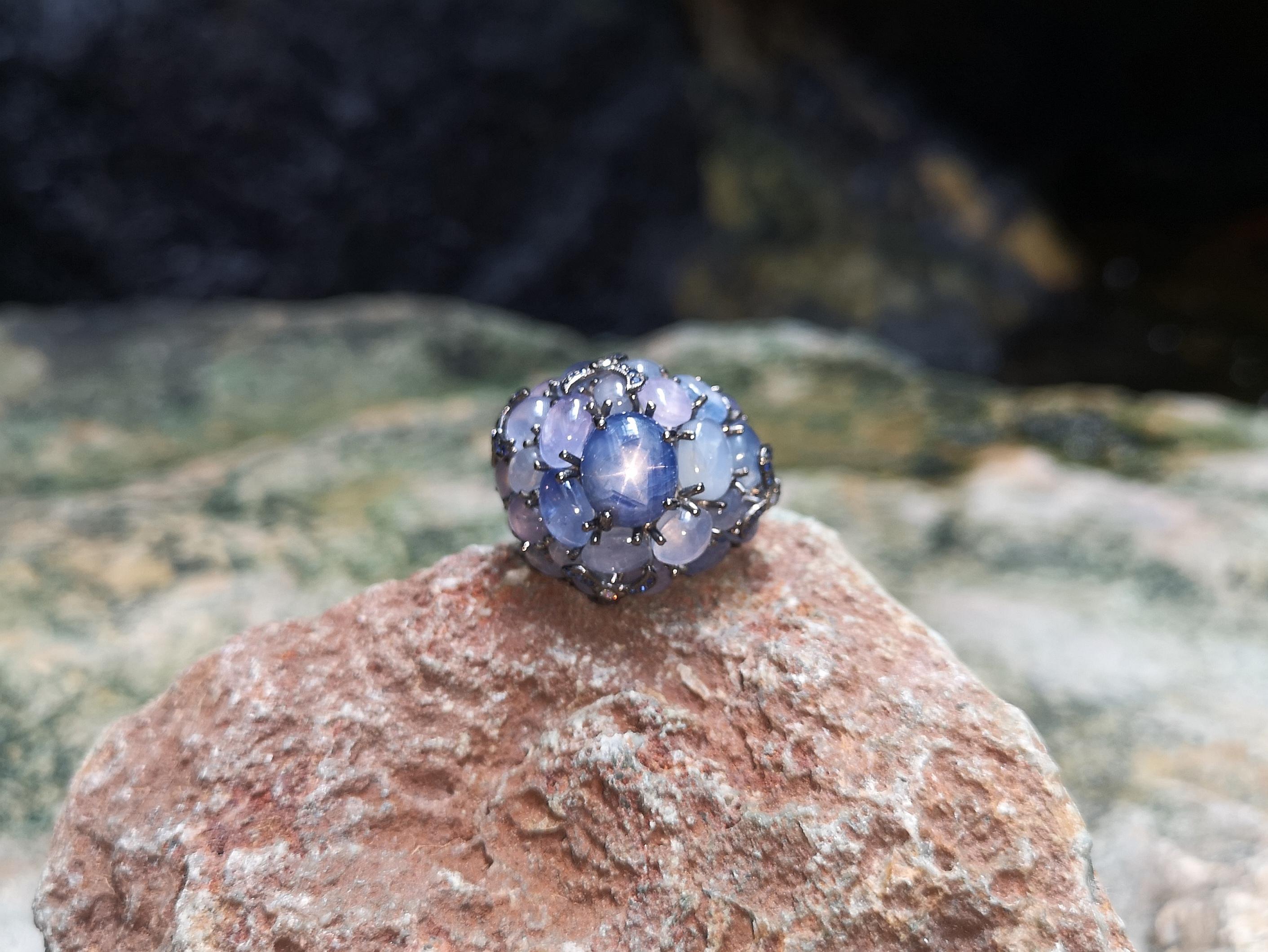 Blue Star Sapphire with Blue Sapphire with Diamond Ring in 18 Karat White Gold For Sale 5