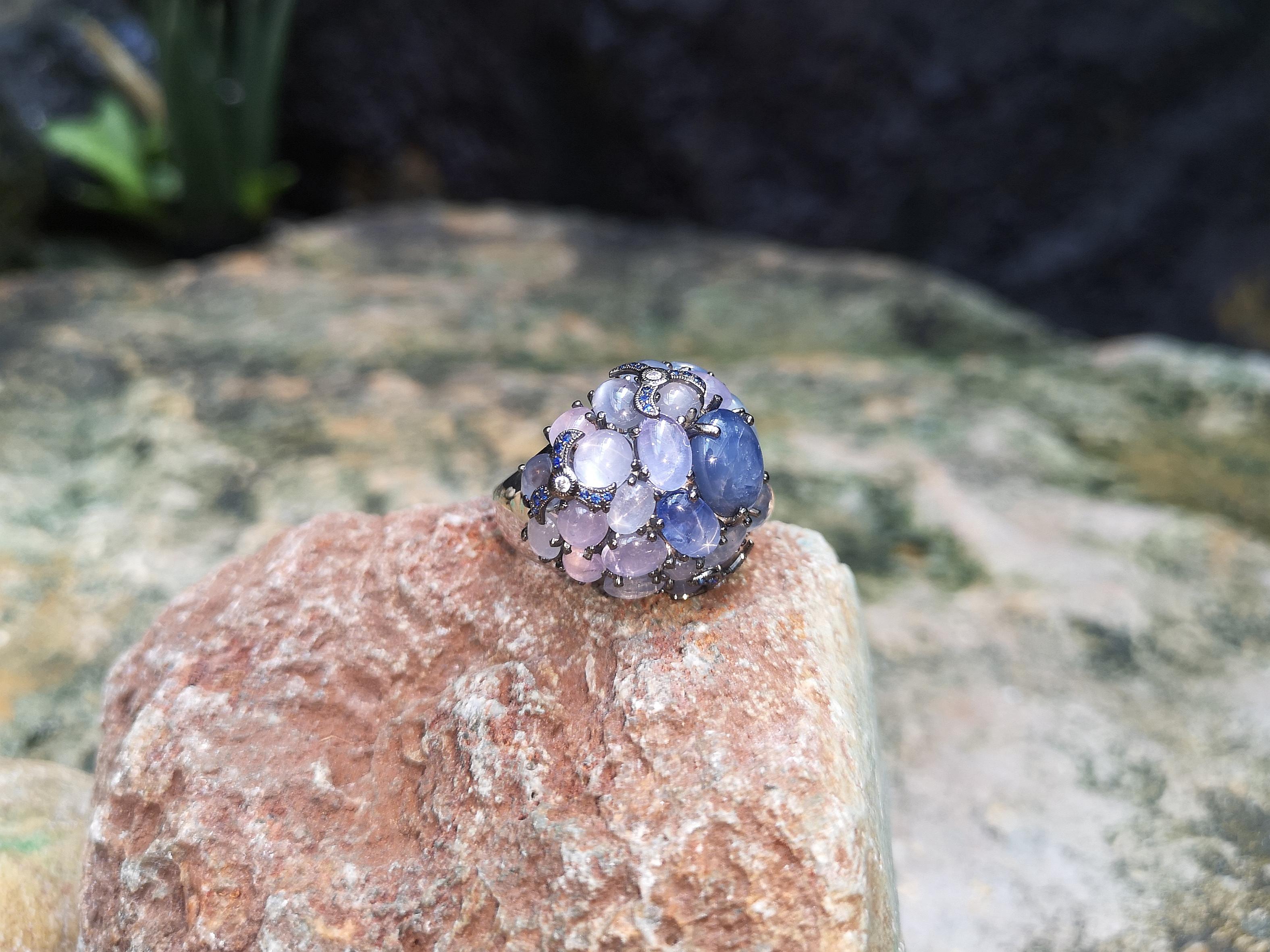 Blue Star Sapphire with Blue Sapphire with Diamond Ring in 18 Karat White Gold For Sale 6