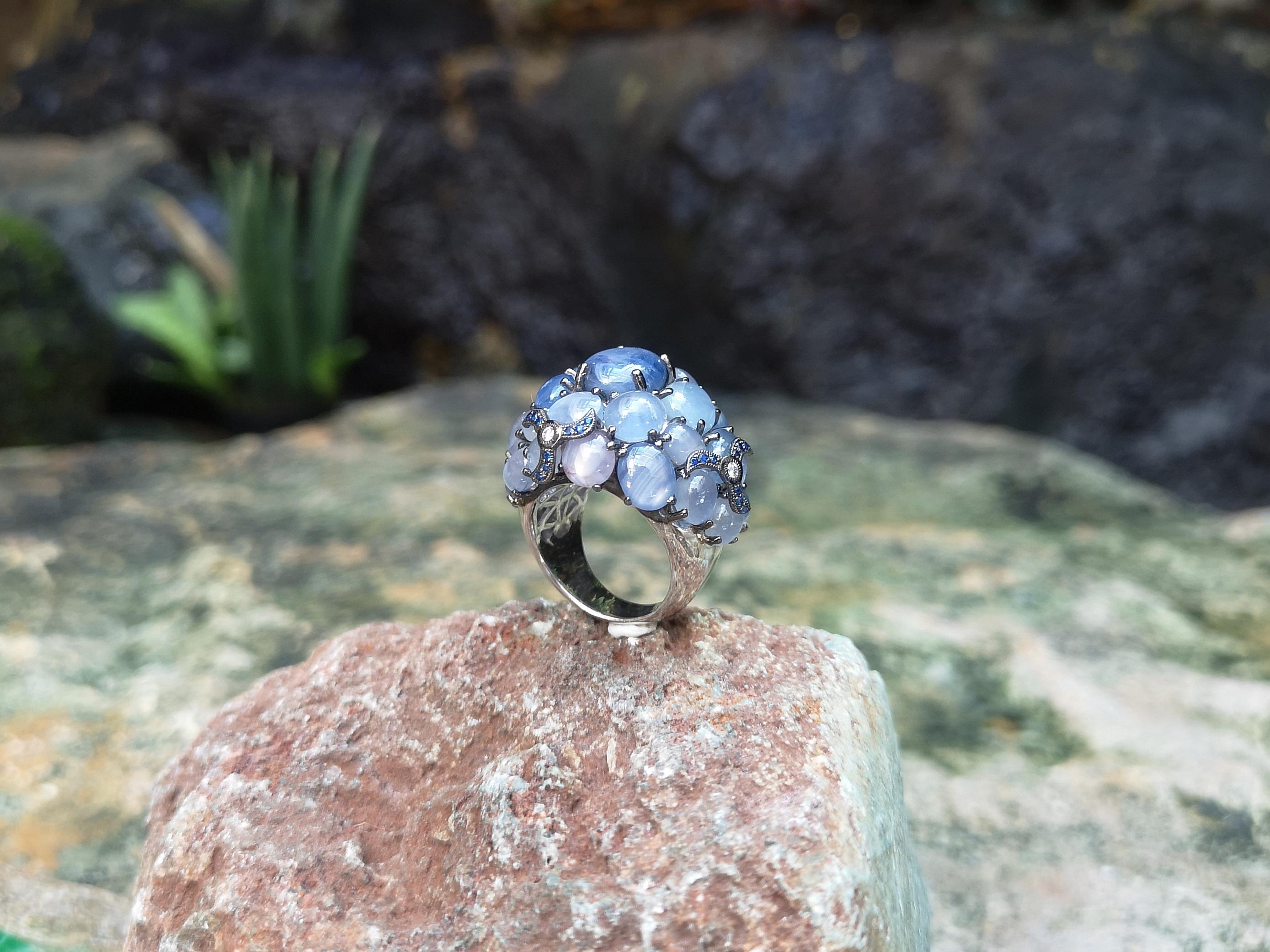 Blue Star Sapphire with Blue Sapphire with Diamond Ring in 18 Karat White Gold For Sale 9