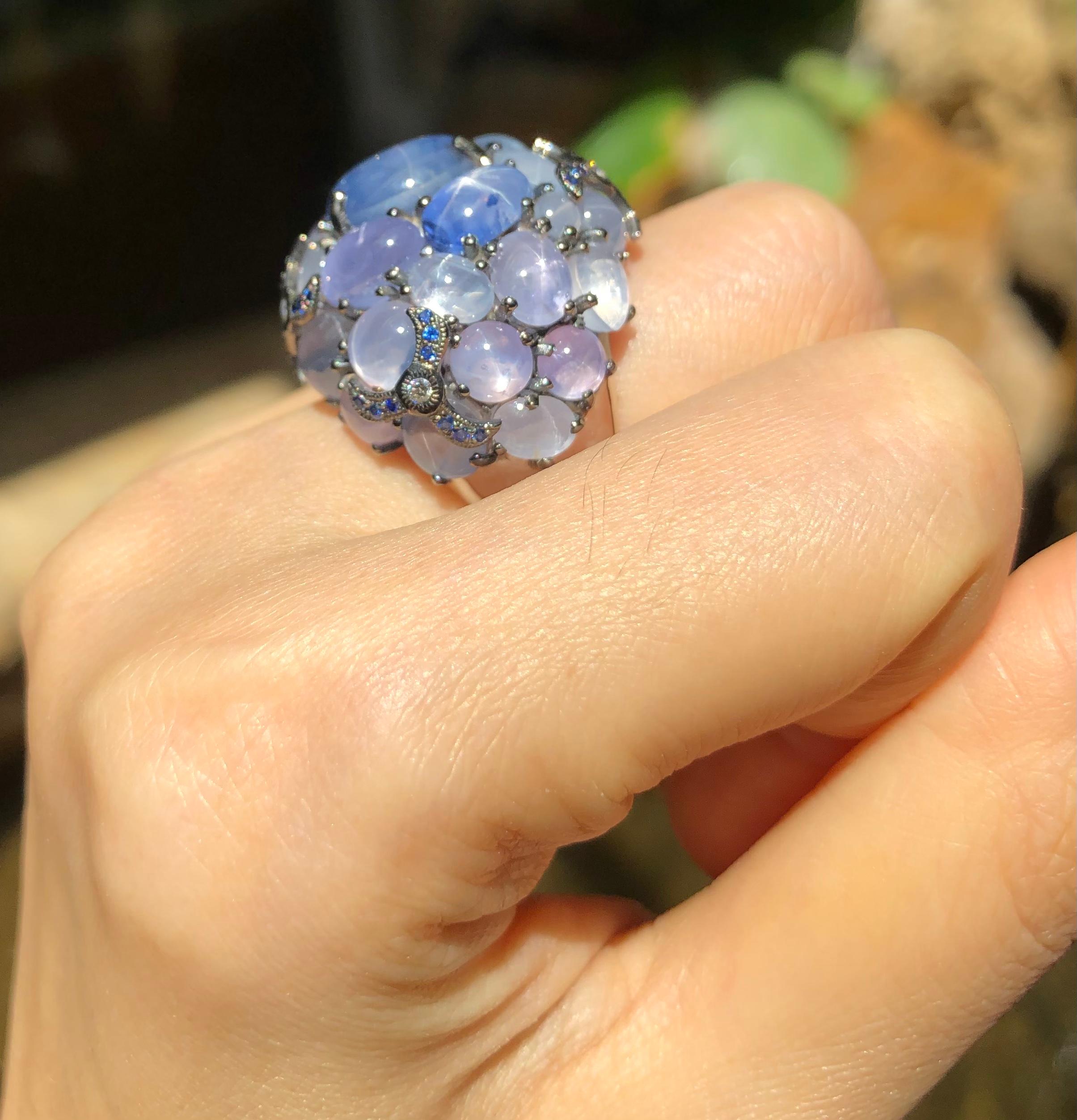 Cabochon Blue Star Sapphire with Blue Sapphire with Diamond Ring in 18 Karat White Gold For Sale