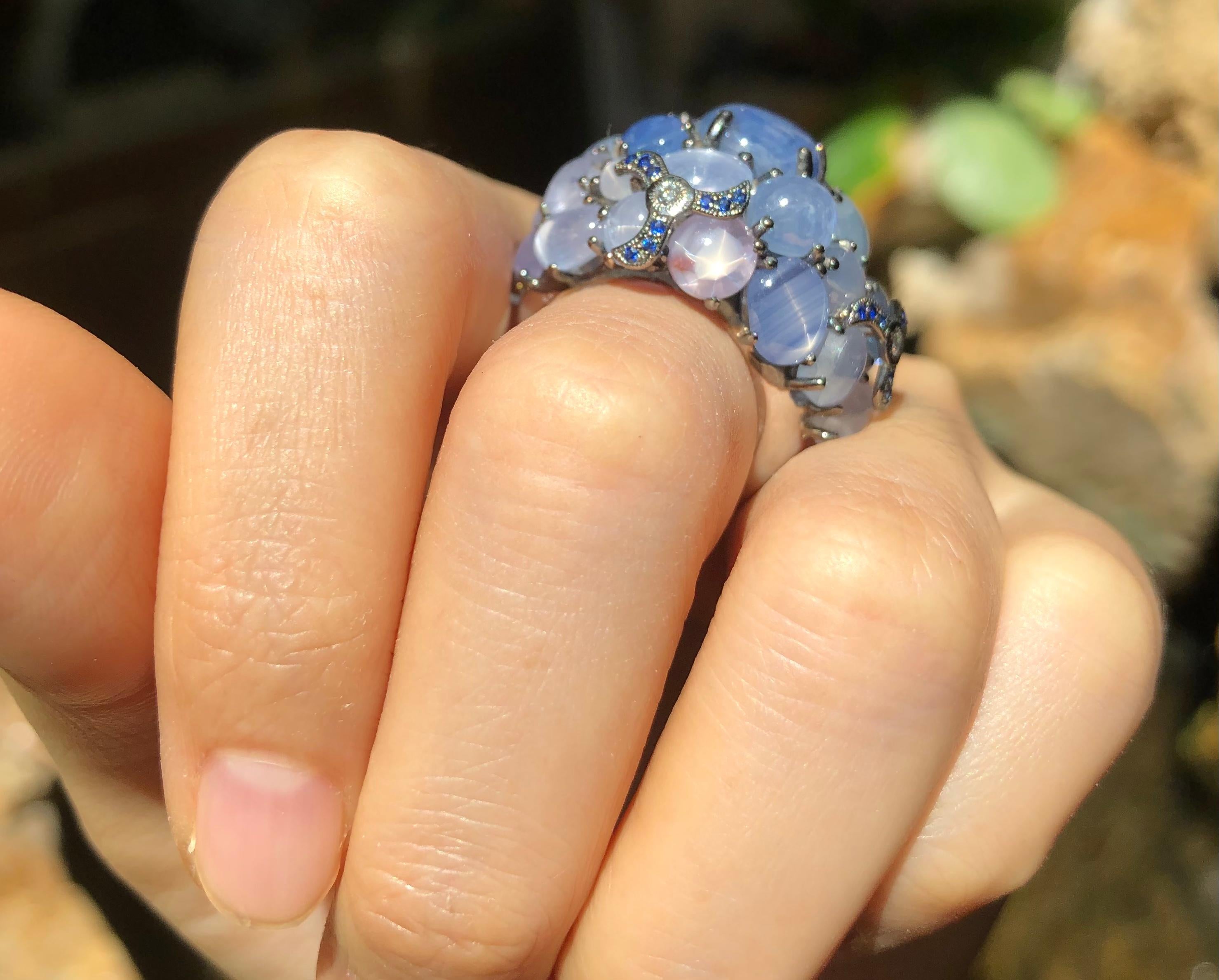 Blue Star Sapphire with Blue Sapphire with Diamond Ring in 18 Karat White Gold In New Condition For Sale In Bangkok, TH