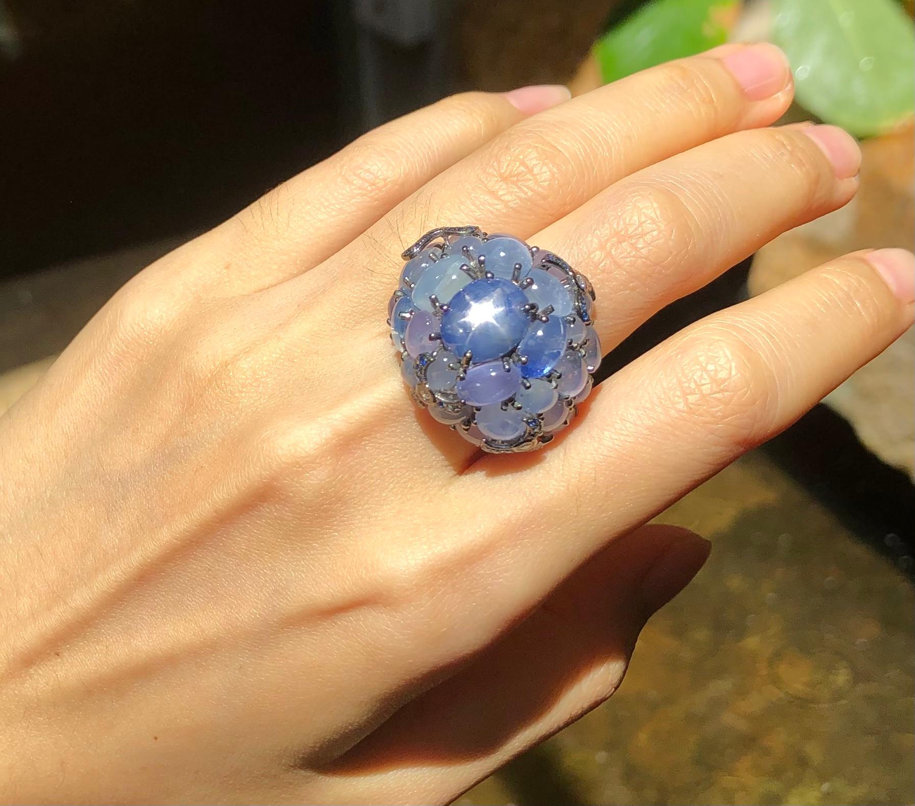 Women's Blue Star Sapphire with Blue Sapphire with Diamond Ring in 18 Karat White Gold For Sale