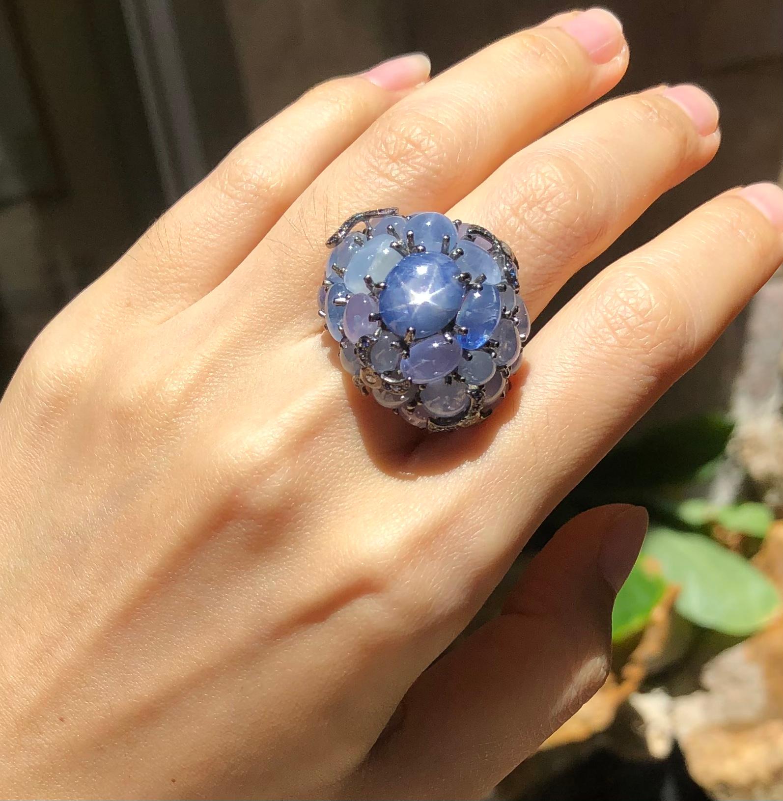 Blue Star Sapphire with Blue Sapphire with Diamond Ring in 18 Karat White Gold For Sale 1