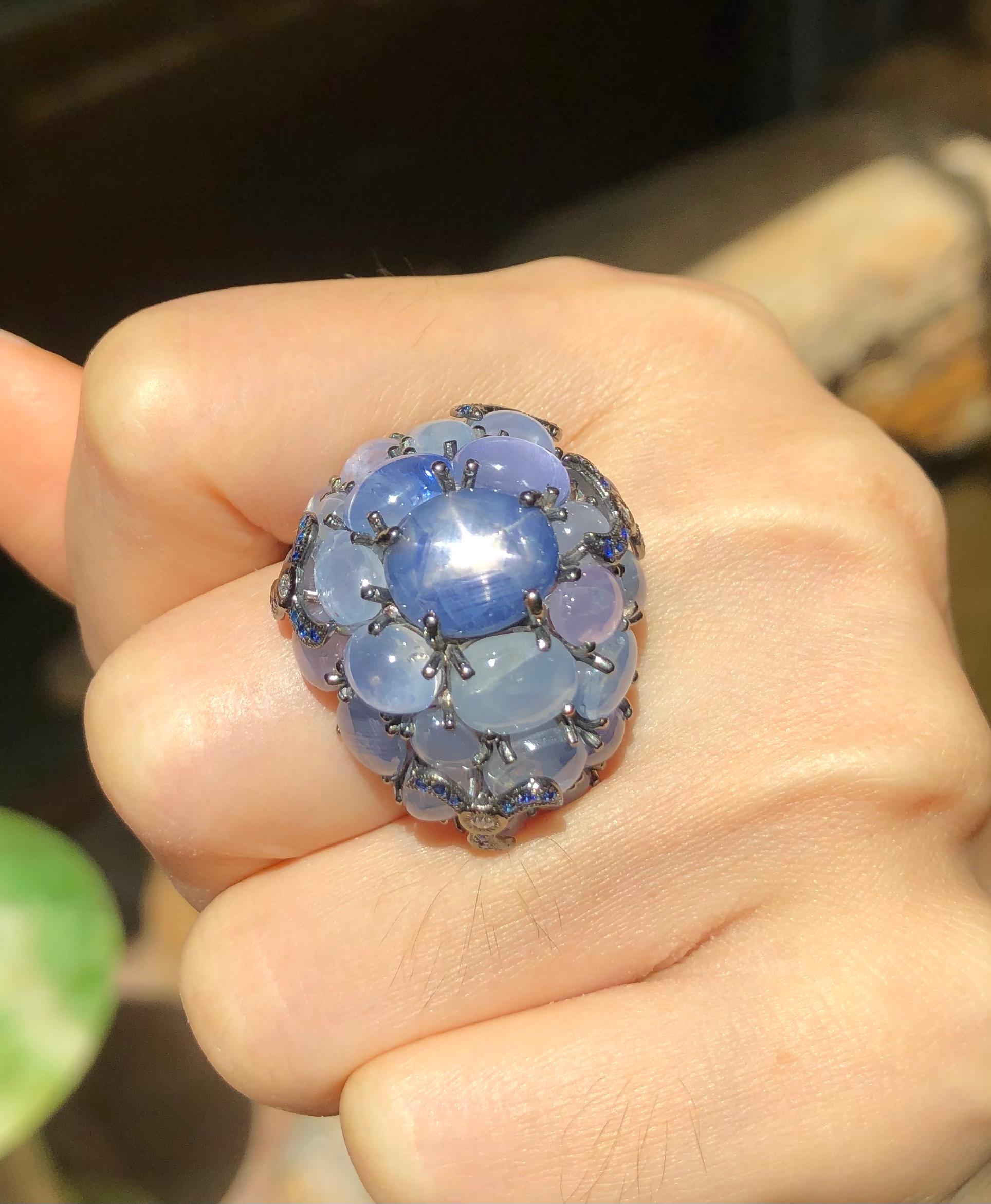 Blue Star Sapphire with Blue Sapphire with Diamond Ring in 18 Karat White Gold For Sale 2