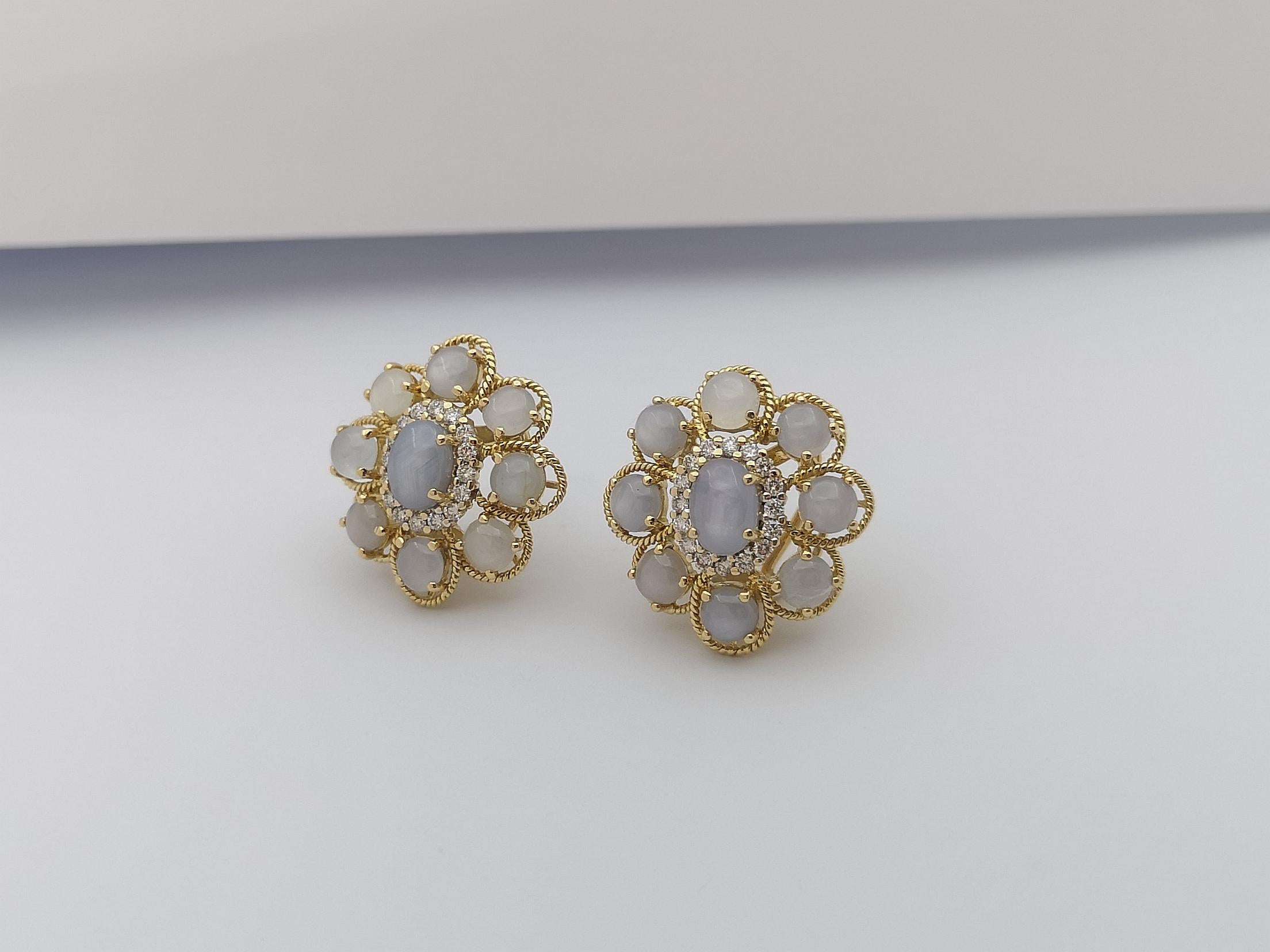 Blue Star Sapphire with Brown Diamond Earrings Set in 18 Karat Gold Settings In New Condition For Sale In Bangkok, TH