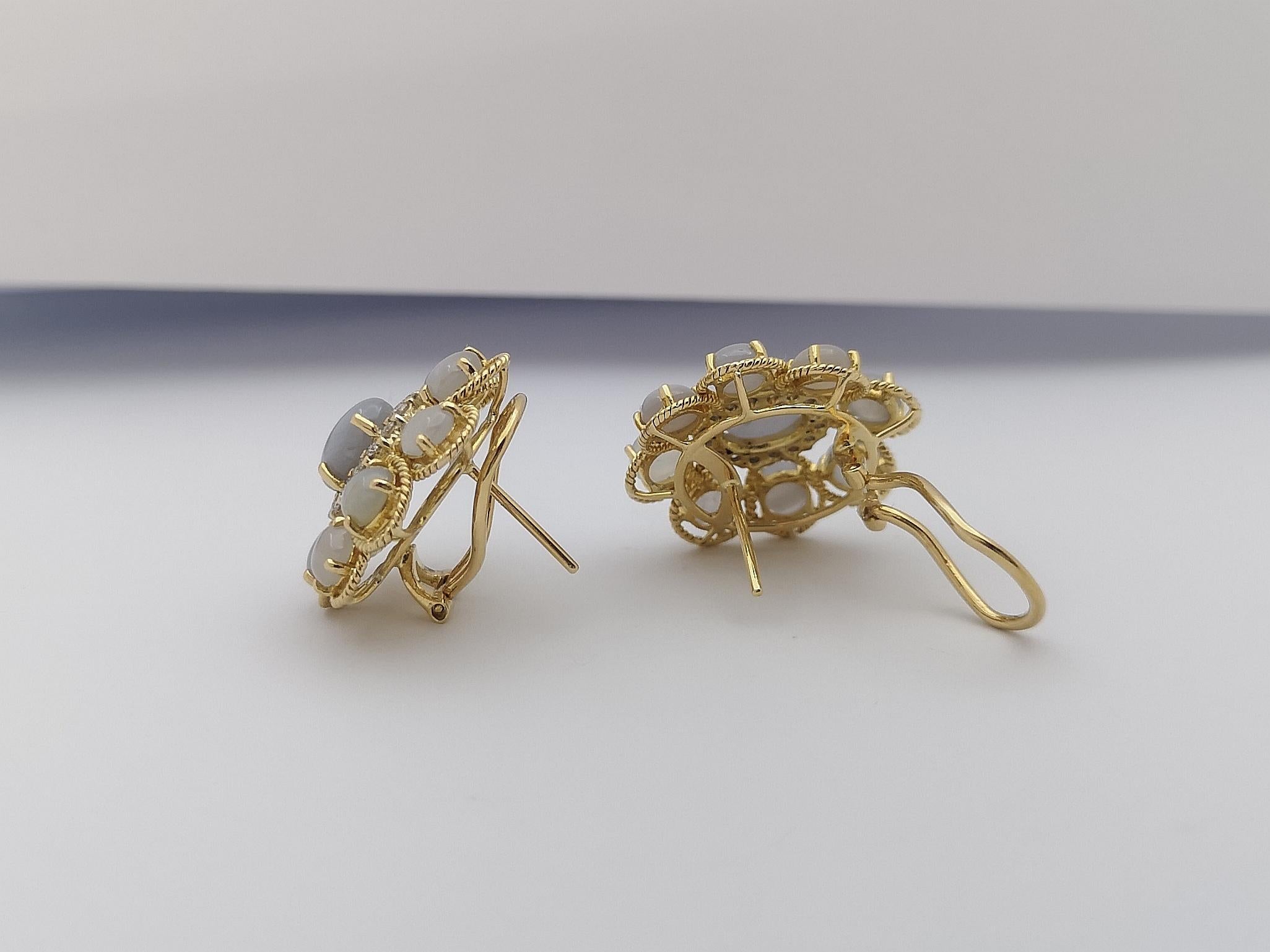 Women's Blue Star Sapphire with Brown Diamond Earrings Set in 18 Karat Gold Settings For Sale