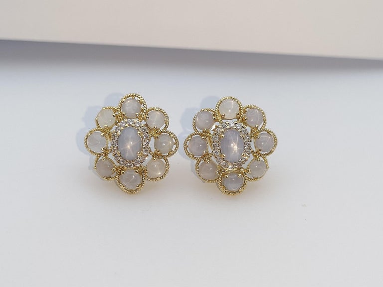 Blue Star Sapphire with Brown Diamond Earrings Set in 18 Karat Gold ...
