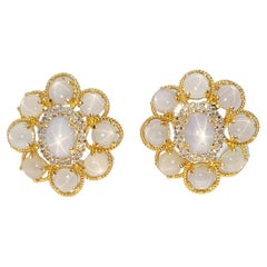 Blue Star Sapphire with Brown Diamond Earrings Set in 18 Karat Gold Settings