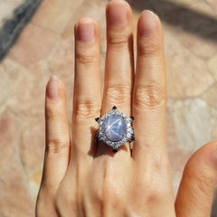 Blue Star Sapphire with Diamond and Black Diamond Ring in 18 Karat White Gold