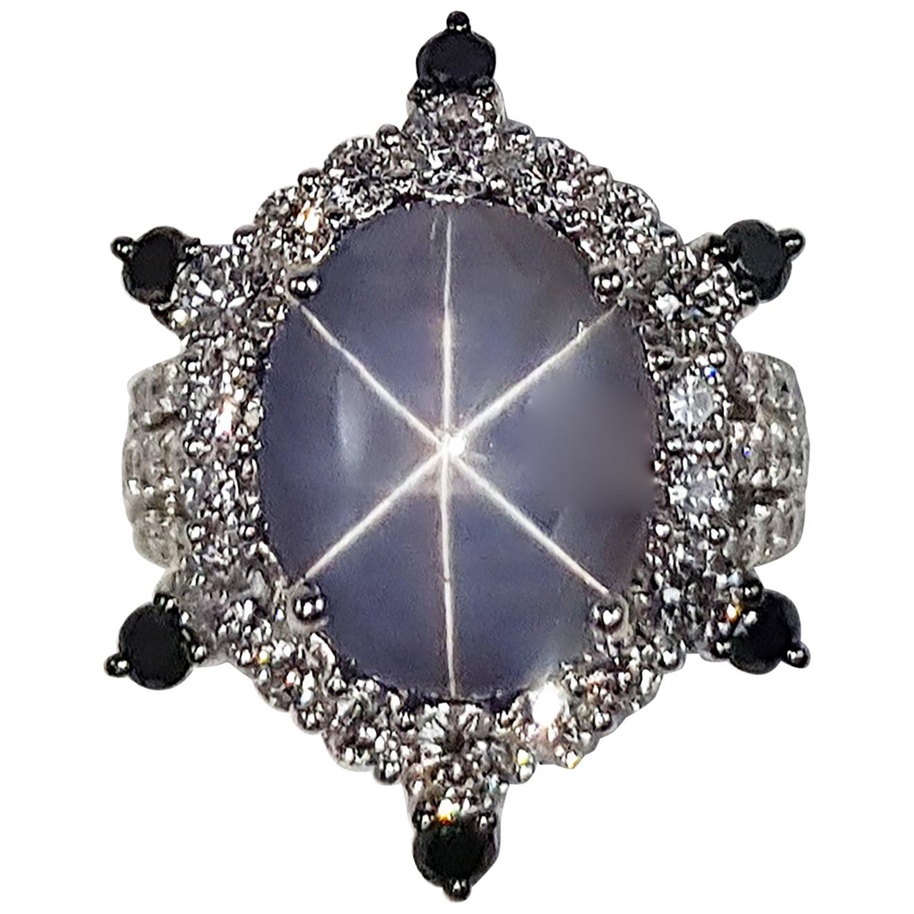 Blue Star Sapphire with Diamond and Black Diamond Ring in 18 Karat White Gold For Sale