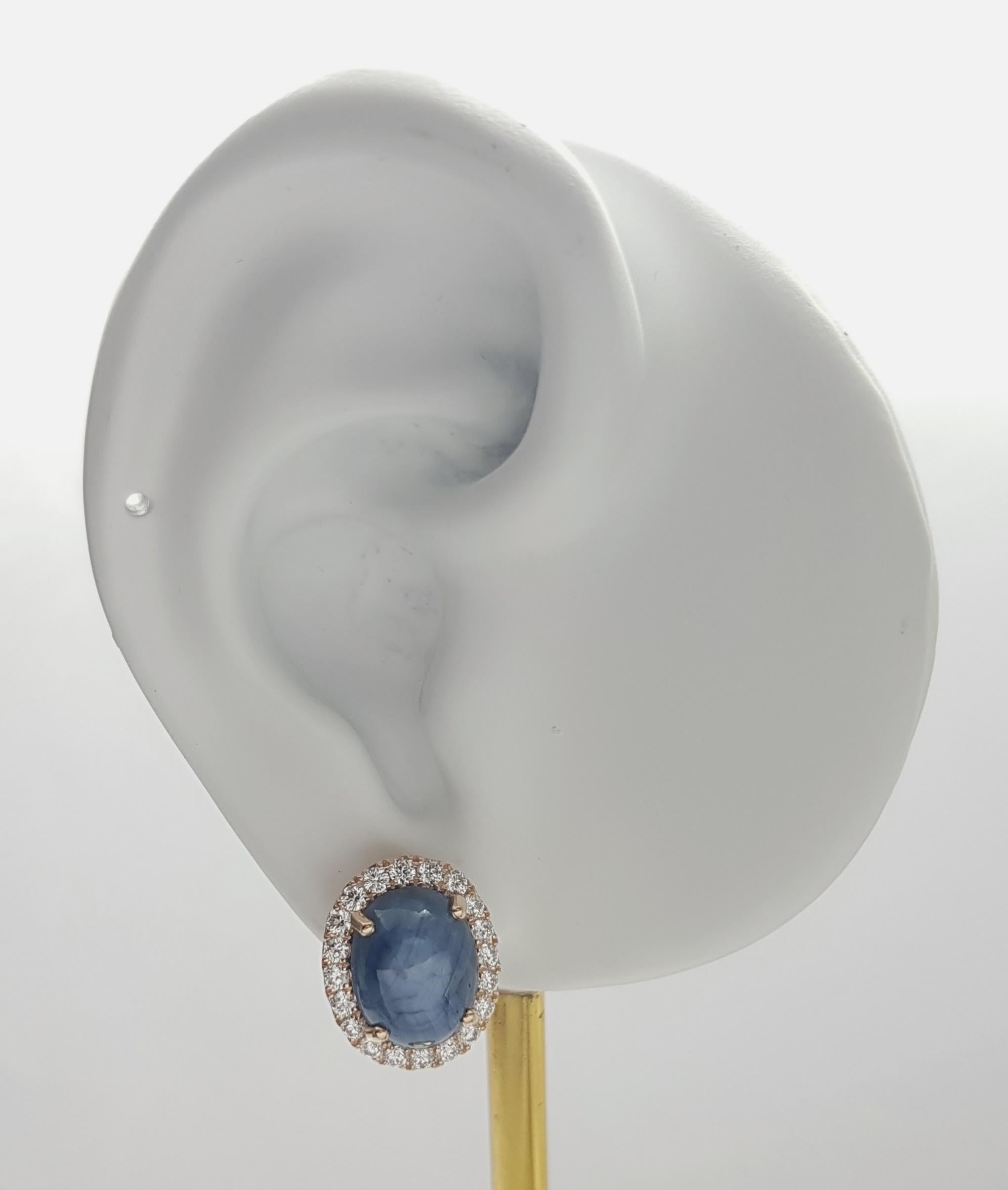 Blue Star Sapphire 11.53 carats with Diamond 0.84 carat Earrings set in 18K Rose Gold Settings

Width: 1.3 cm 
Length: 1.6 cm
Total Weight: 8.85 grams


