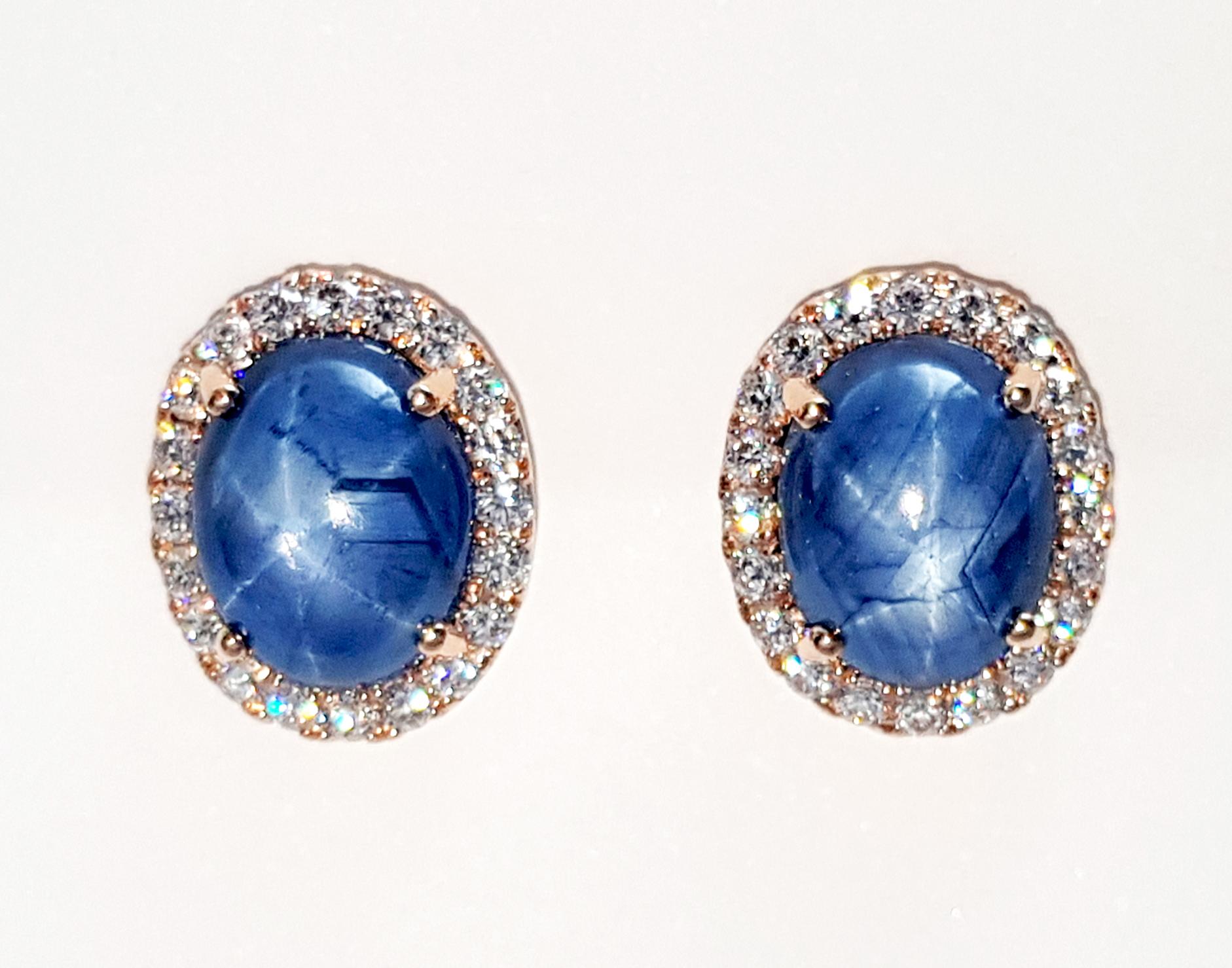 Contemporary Blue Star Sapphire with Diamond Earrings set in 18K Rose Gold Settings For Sale