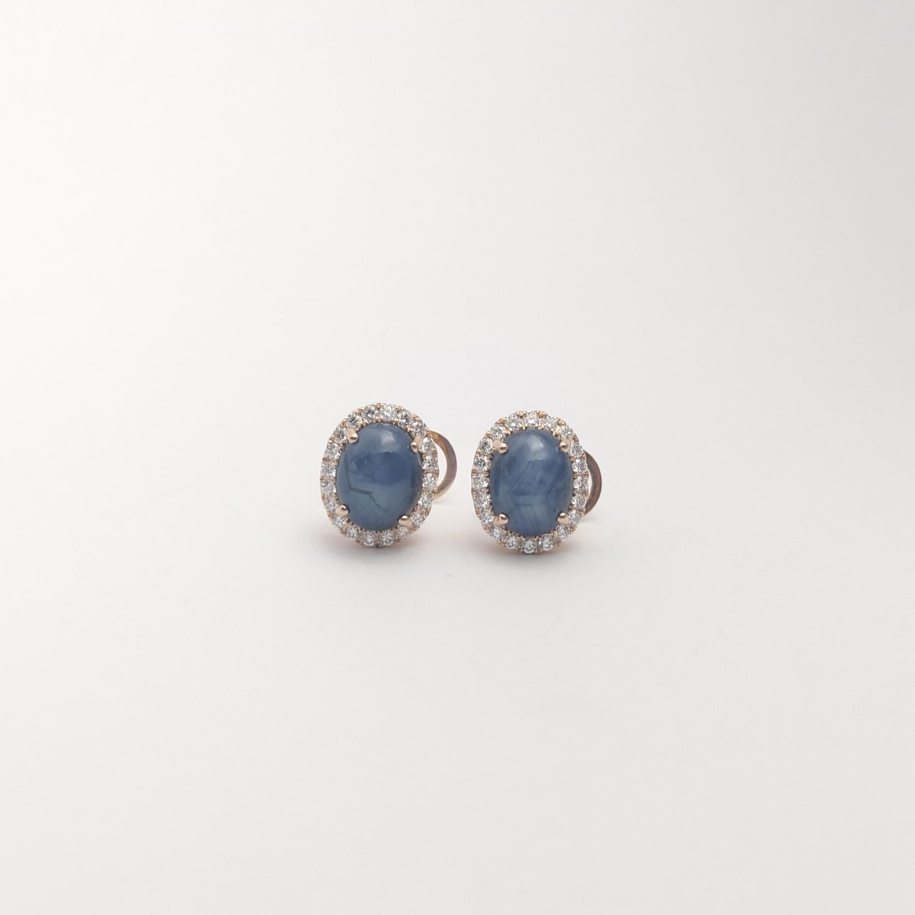 Women's Blue Star Sapphire with Diamond Earrings set in 18K Rose Gold Settings For Sale