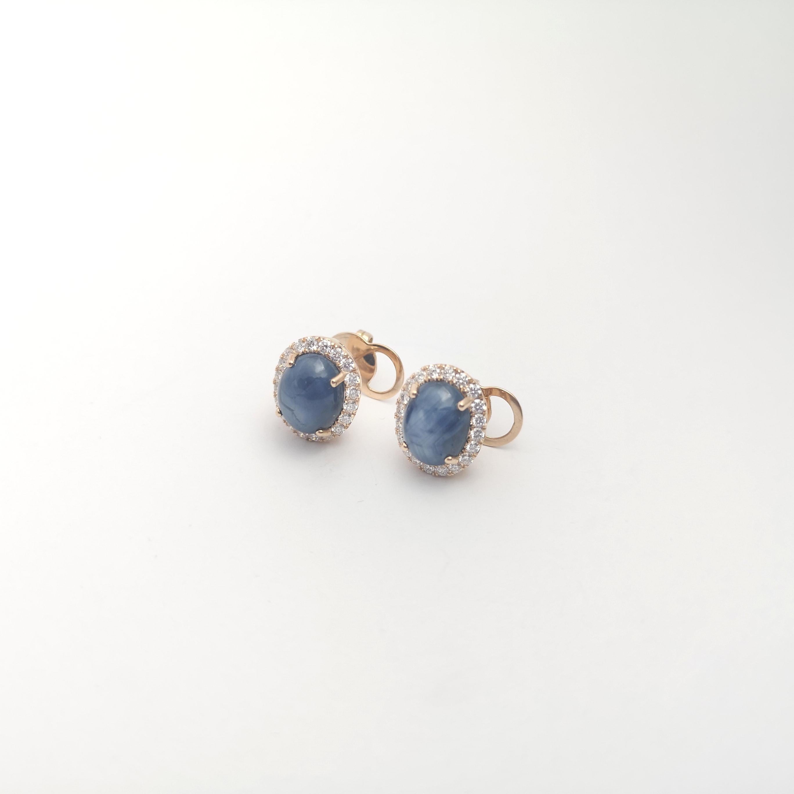 Blue Star Sapphire with Diamond Earrings set in 18K Rose Gold Settings For Sale 1