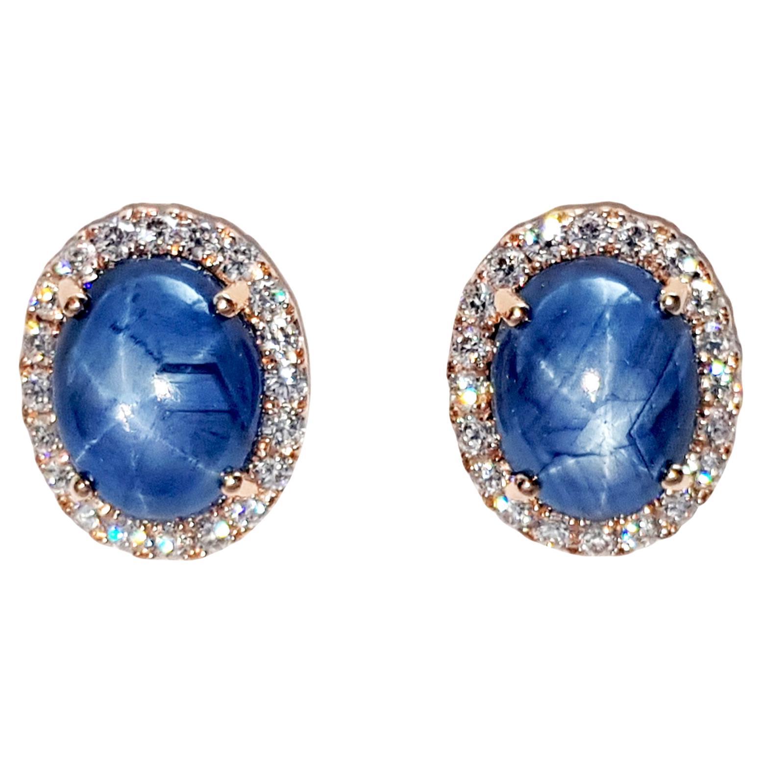 Blue Star Sapphire with Diamond Earrings set in 18K Rose Gold Settings