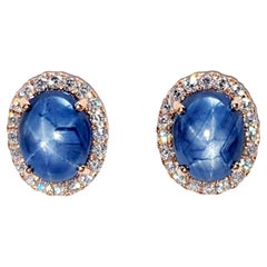 Blue Star Sapphire with Diamond Earrings set in 18K Rose Gold Settings