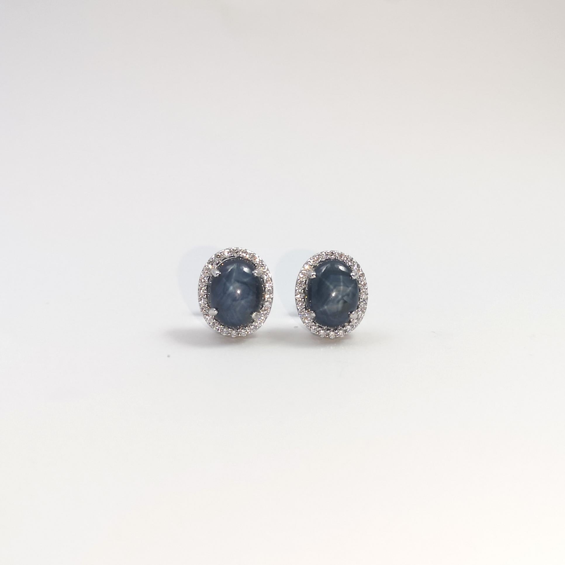 Uncut Blue Star Sapphire with Diamond Earrings set in 18K White Gold Settings For Sale