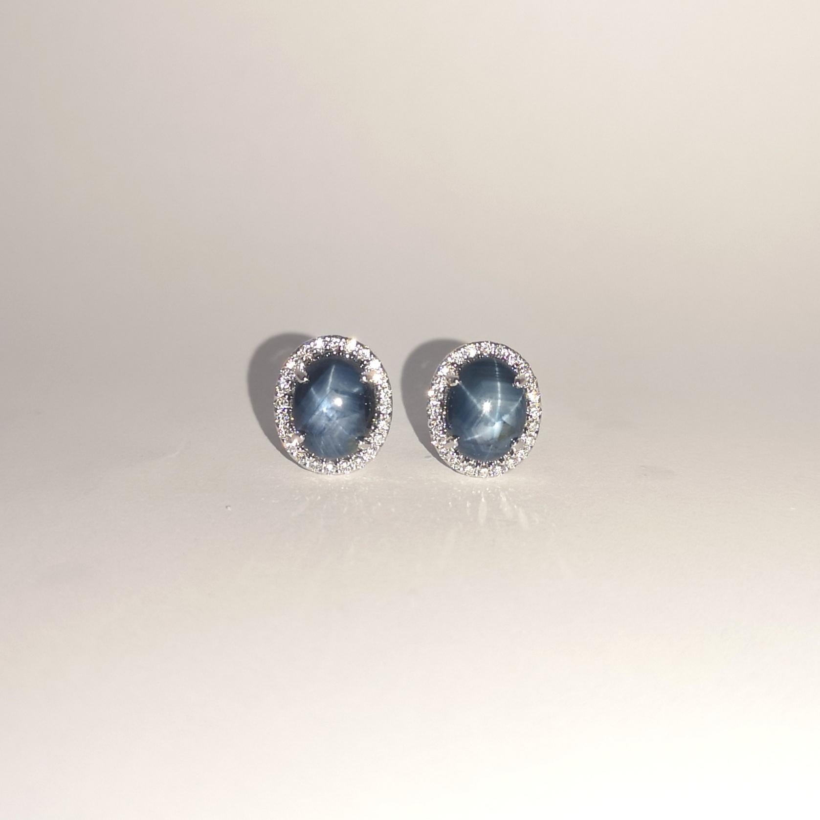 Blue Star Sapphire with Diamond Earrings set in 18K White Gold Settings In New Condition For Sale In Bangkok, TH