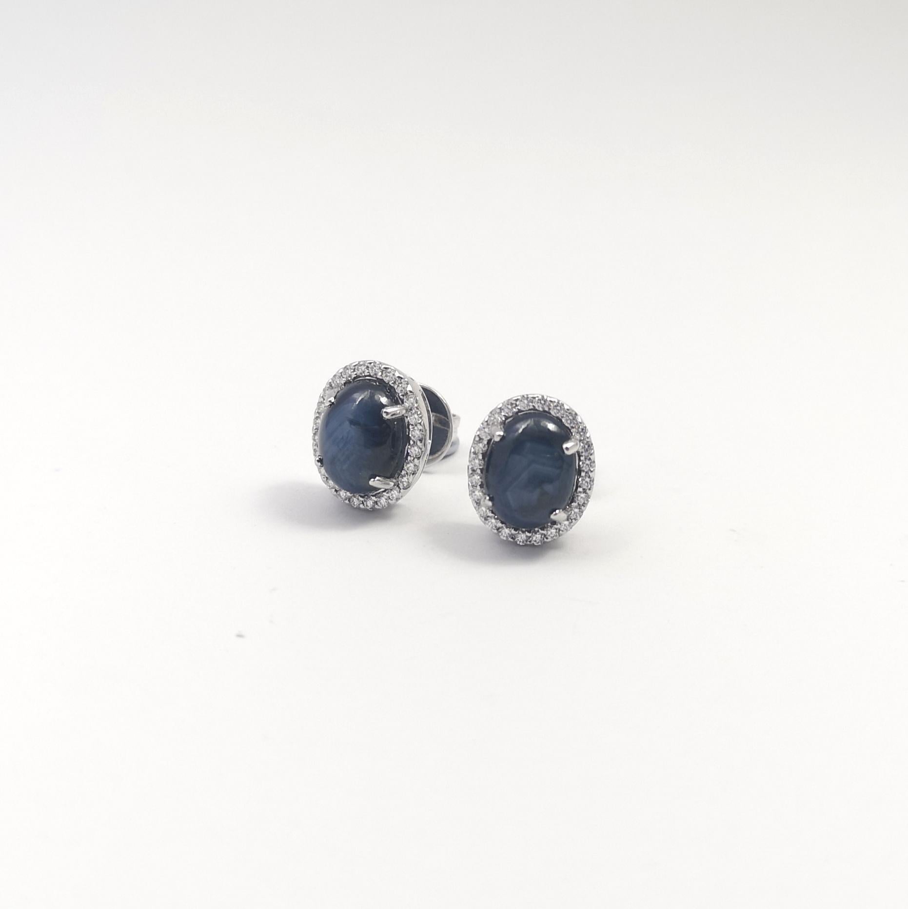 Women's Blue Star Sapphire with Diamond Earrings set in 18K White Gold Settings For Sale